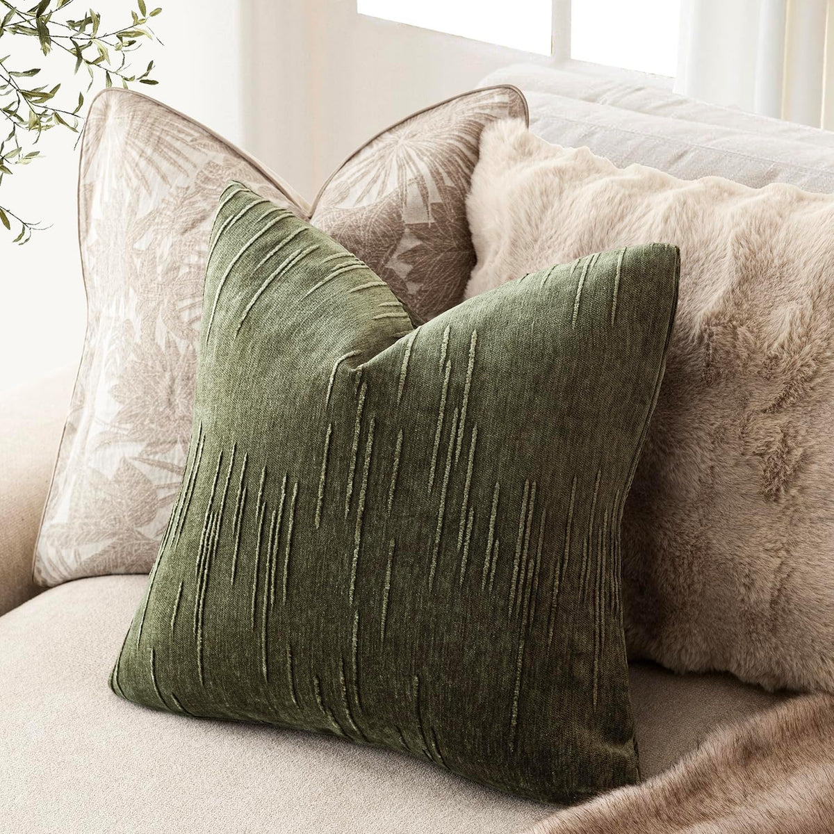 Foindtower Pack of 2 Slubby Textured Chenille Throw Decorative Pillow Covers Square Accent Solid Cushion Cover Soft Farmhouse Pillow Case for Couch Sofa Bedroom Living Room 20x20 Inch,Dark Olive Green