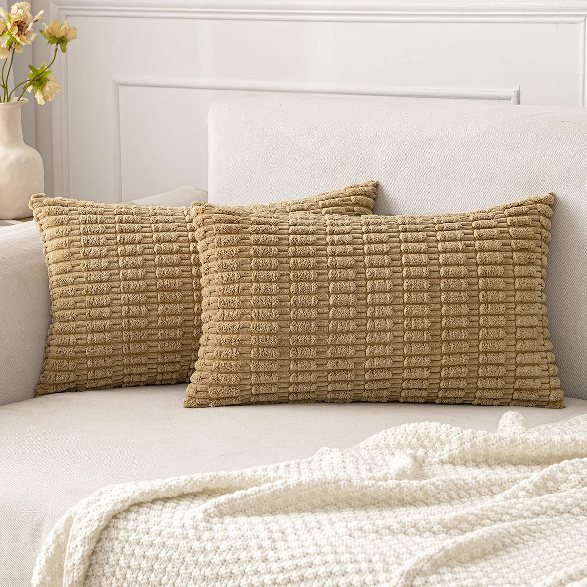 MIULEE Corduroy Decorative Throw Pillow Covers 20x20 Cream White Pack of 2