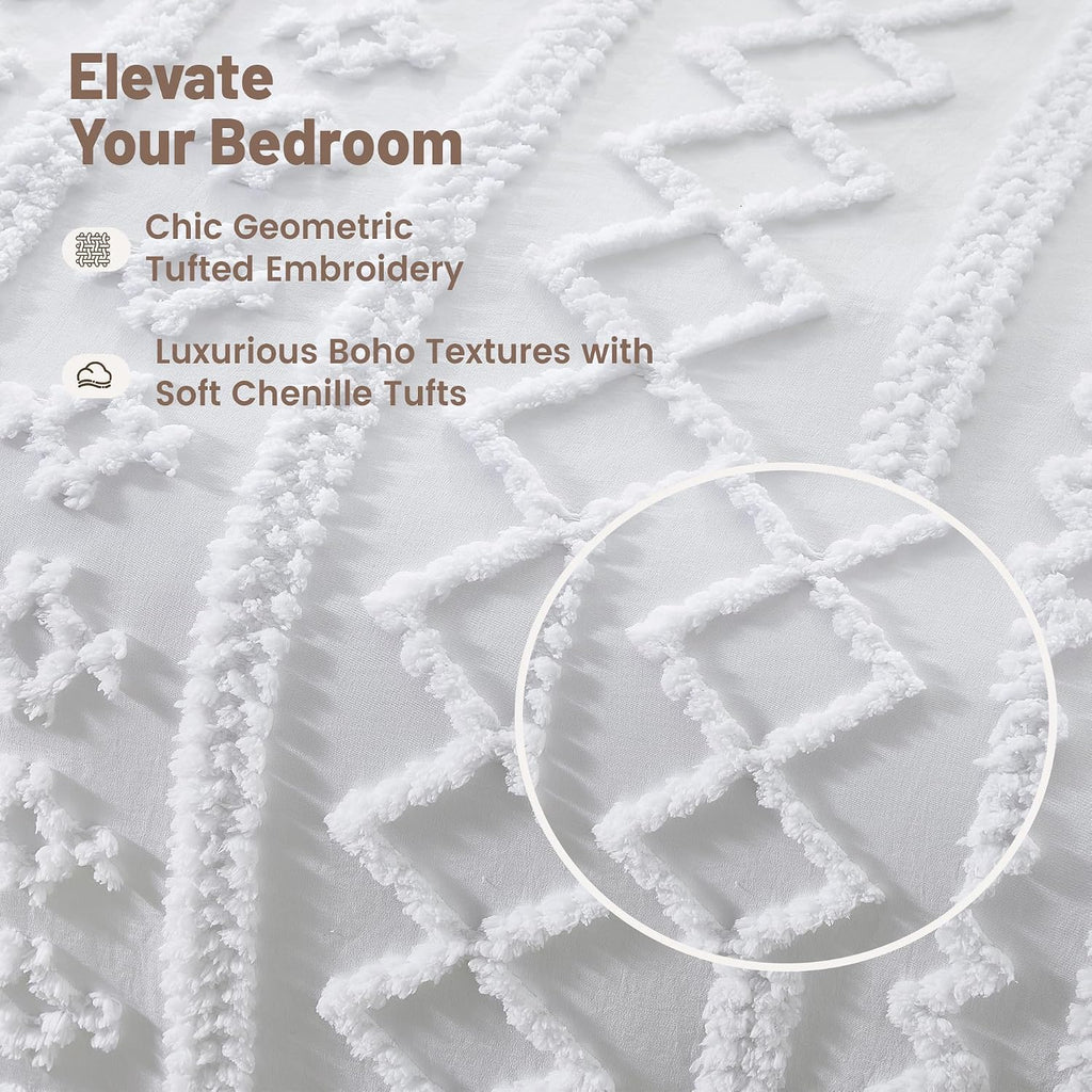 Maple&Stone Boho Duvet Cover Queen, White Tufted 3-Piece Set