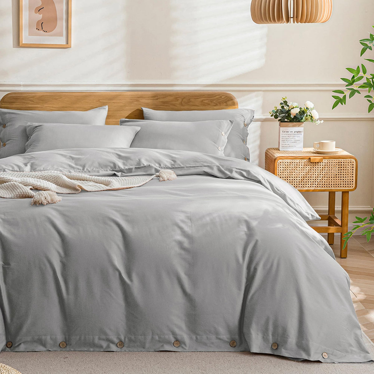 JELLYMONI 100% Washed Cotton Striped Duvet Cover Set King, Linen-Like