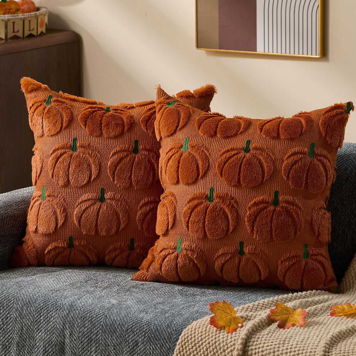 DFXSZ Fall Pillow Covers 18x18 2Pcs Beige Pumpkin Fall Decorations for Home