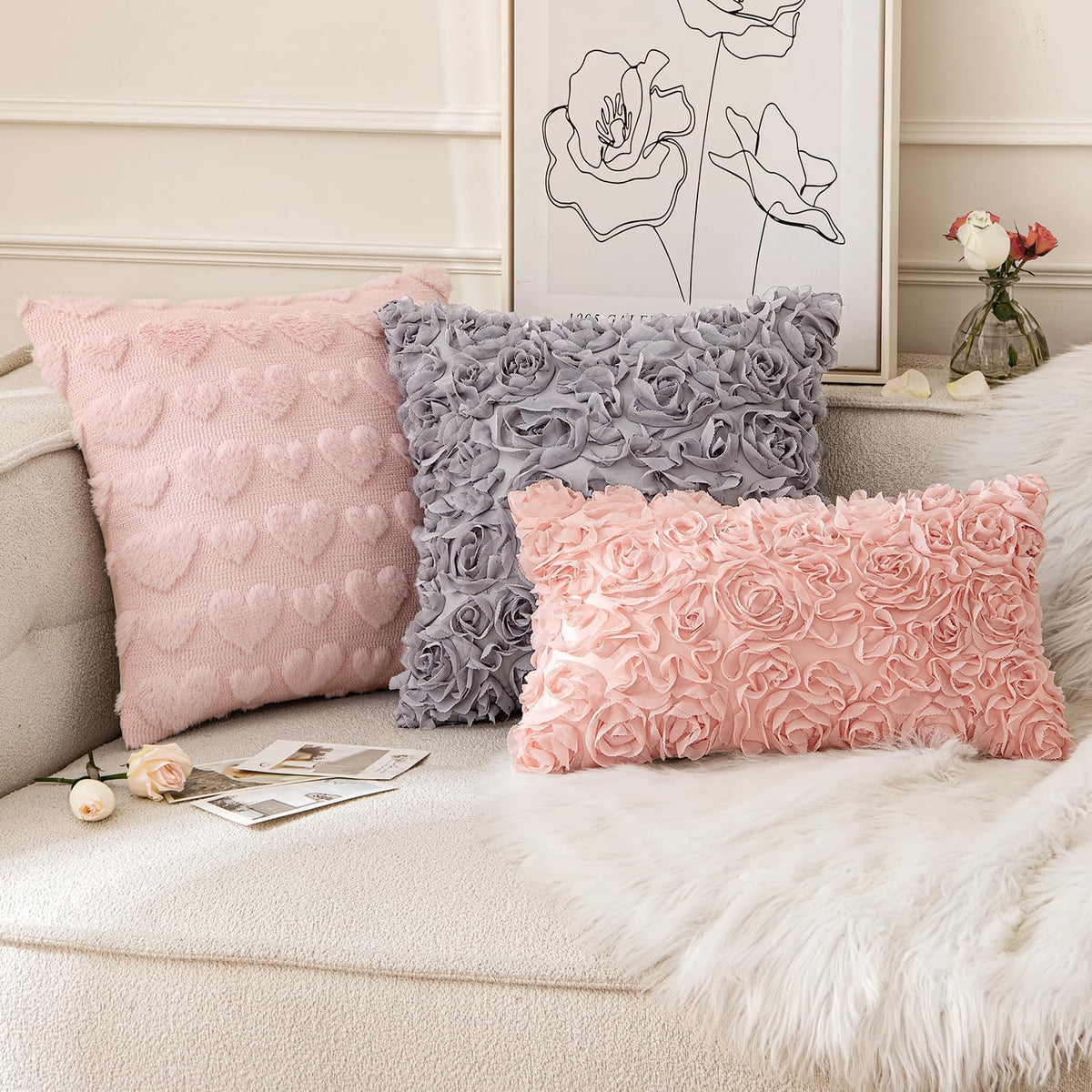 MIULEE Decorative Rose Flower Pillow Cover Pack of 1 Peach Pink 12x20 Inch