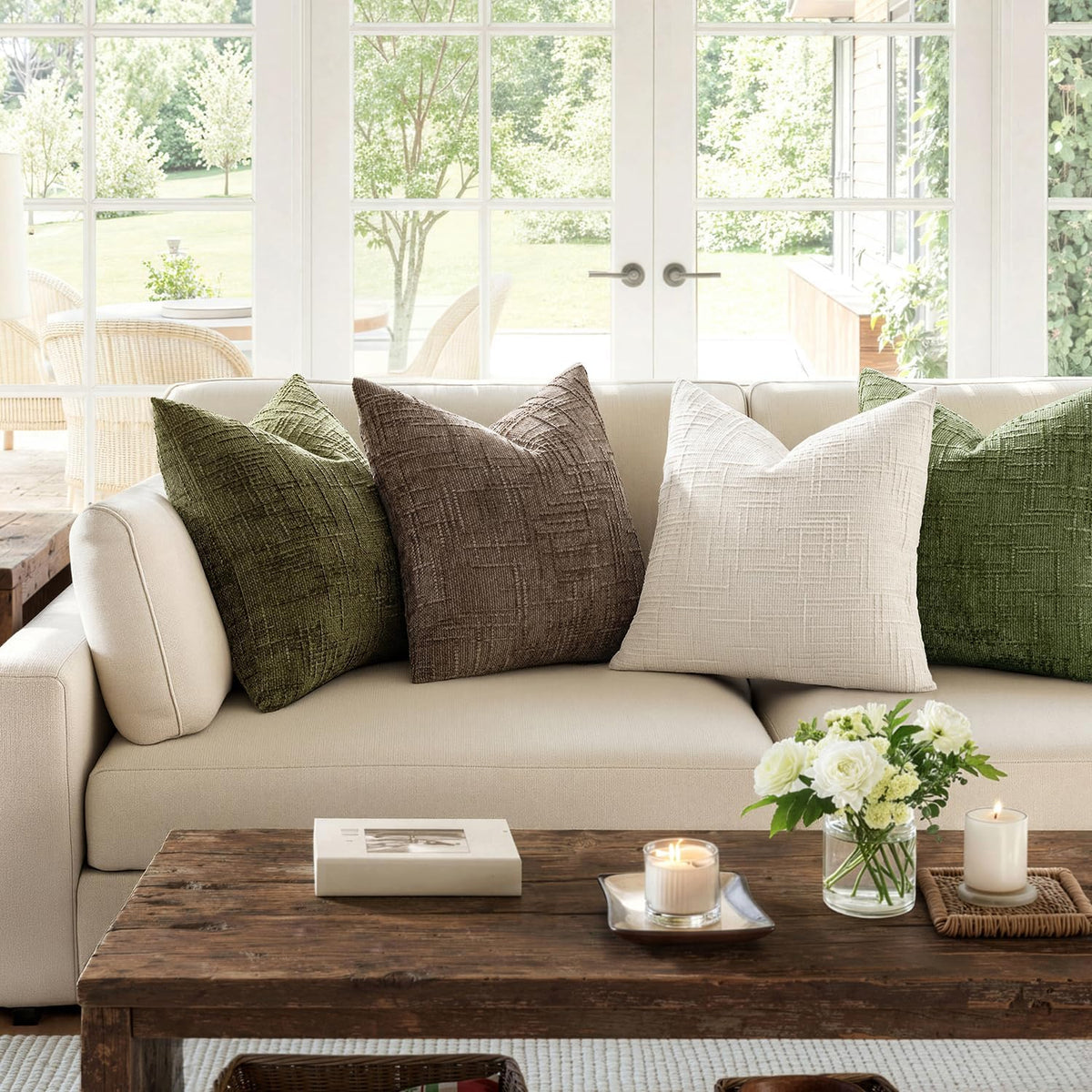 MIULEE Chenille Textured Throw Pillow Covers Cream White 20x20 Set of 2