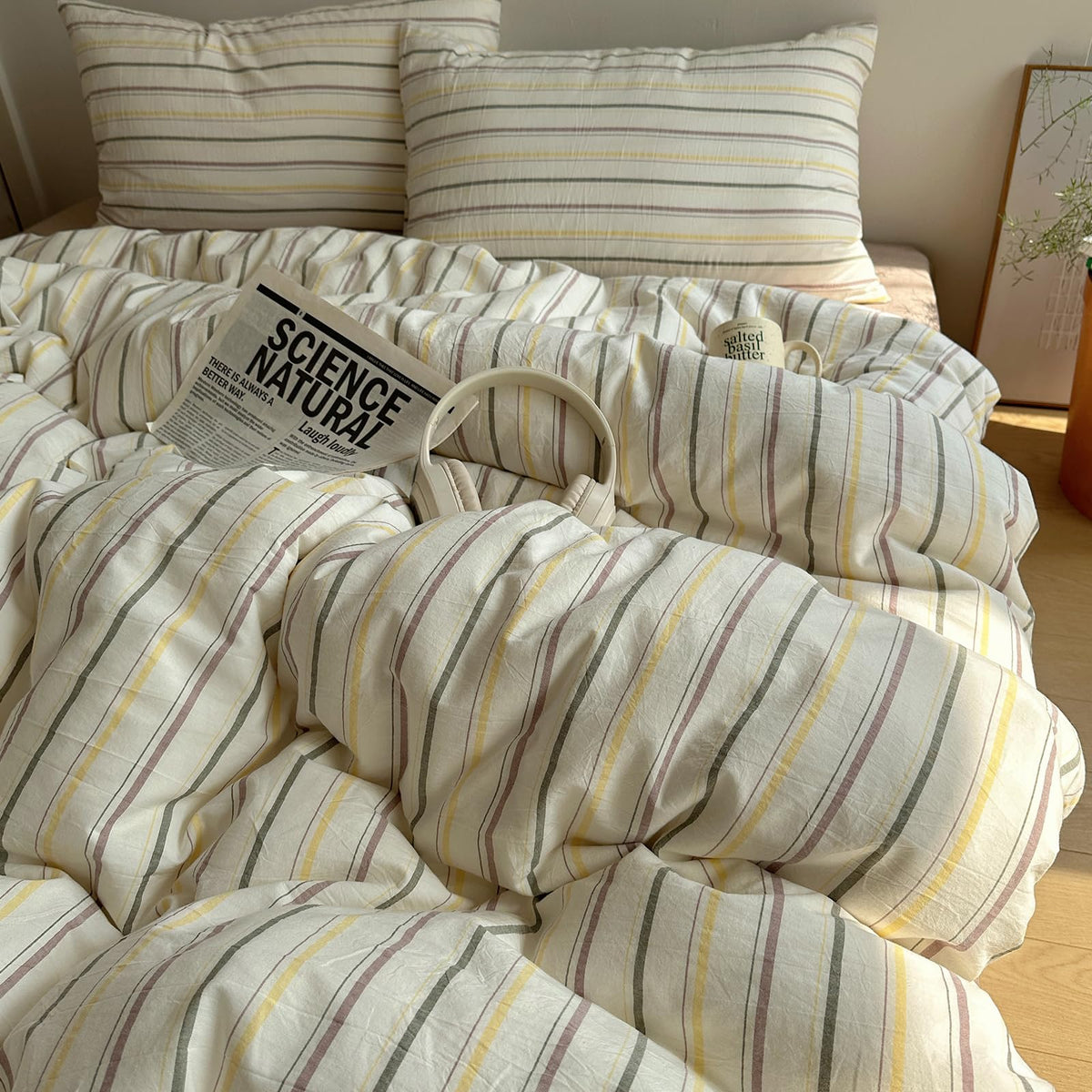 EAVD Retro Striped Duvet Cover Queen Soft 100% Washed Cotton Green Purple