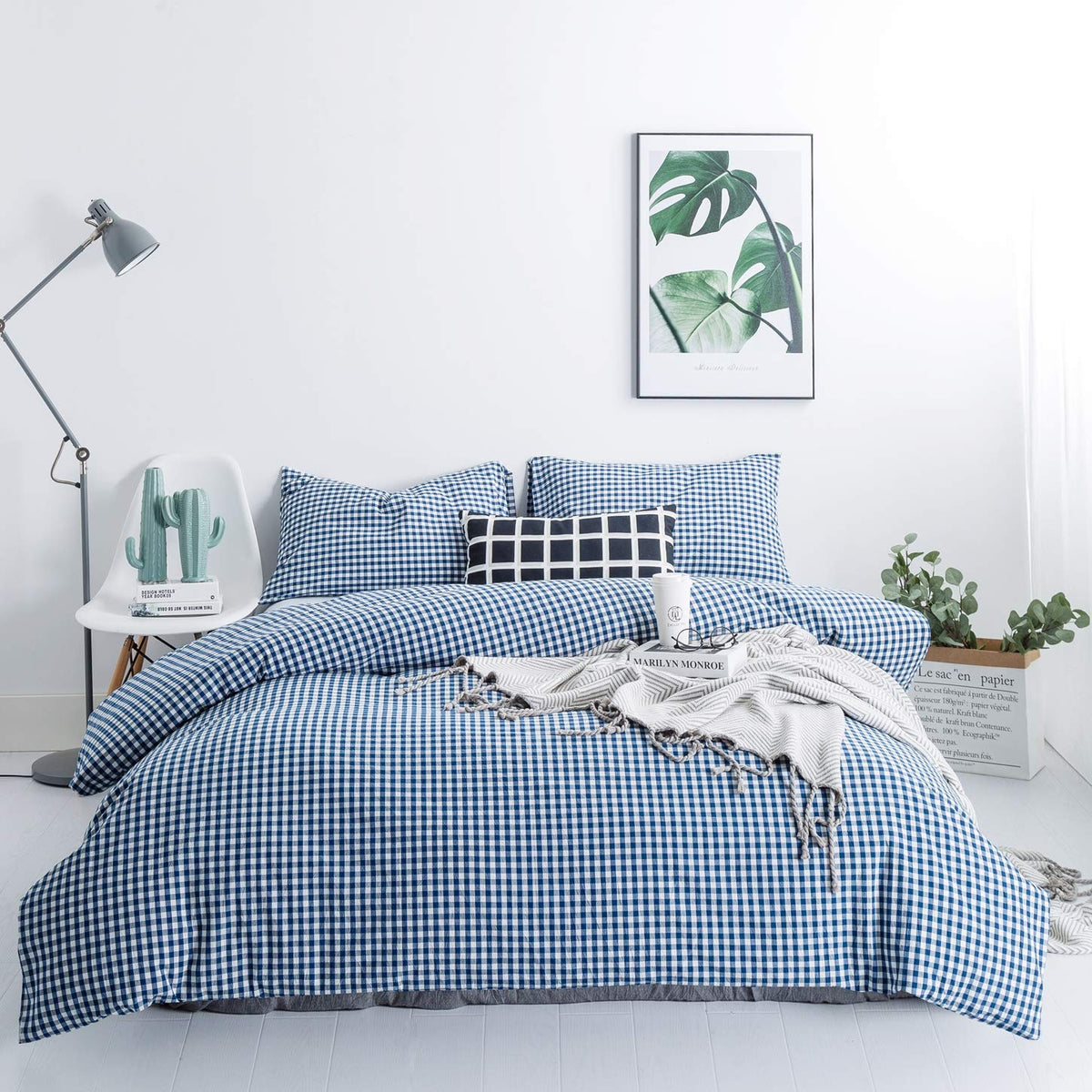 SUSYBAO Light Blue Gingham Duvet Cover Queen 100% Washed Cotton Blue Plaid Duvet Cover Set 3 Pieces 1 Blue Grid Duvet Cover with Zipper Ties 2 Pillow Cases Luxury Gingham Plaid Bedding Set Breathable