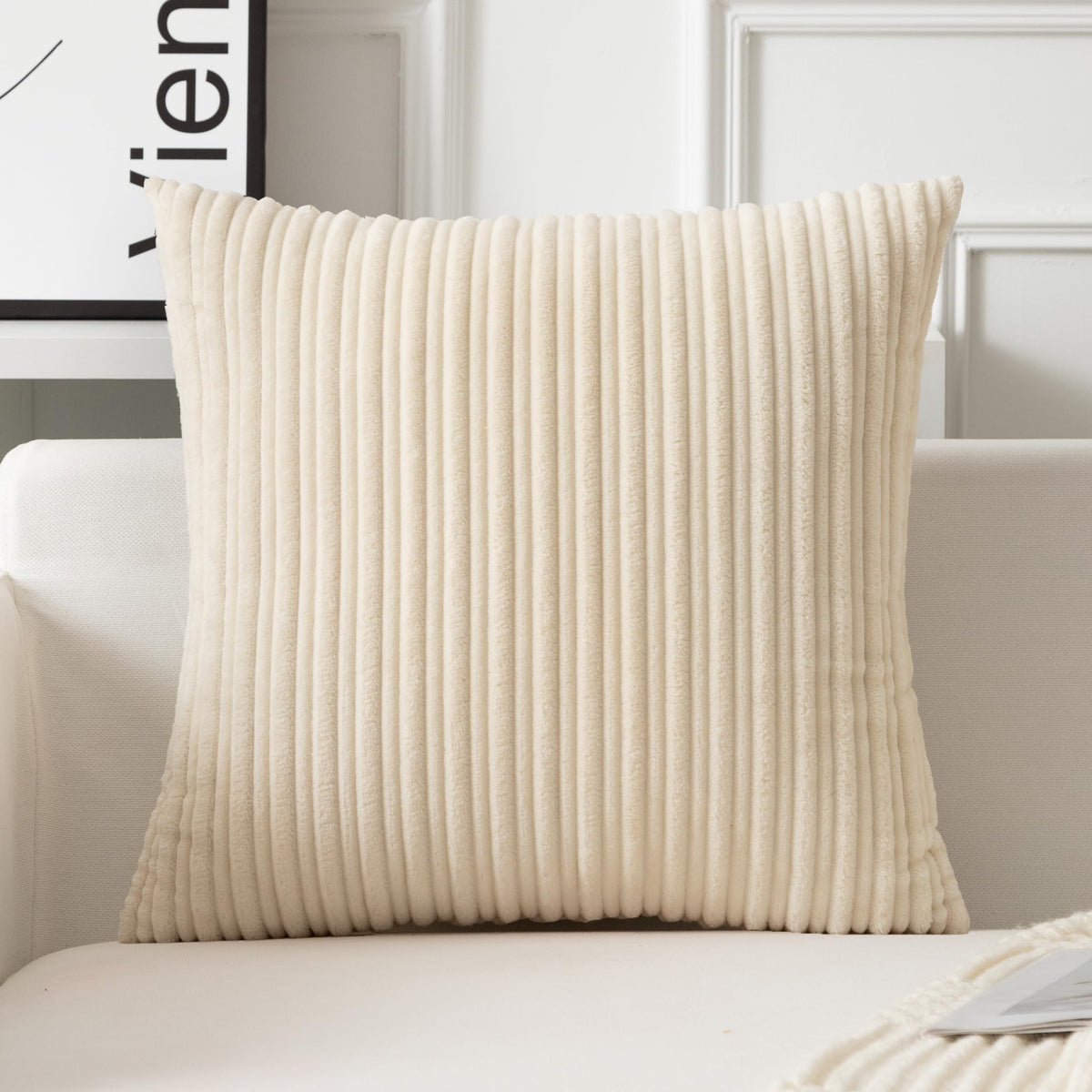 UGASA Velvet 12x20 Inch Lumbar Soft Throw Pillow Cover Boho Farmhouse Decorative Corduroy Striped Both Sides Solid Rectangular Cushion Case for Couch Bedroom Sofa Home, 1 Piece, Beige