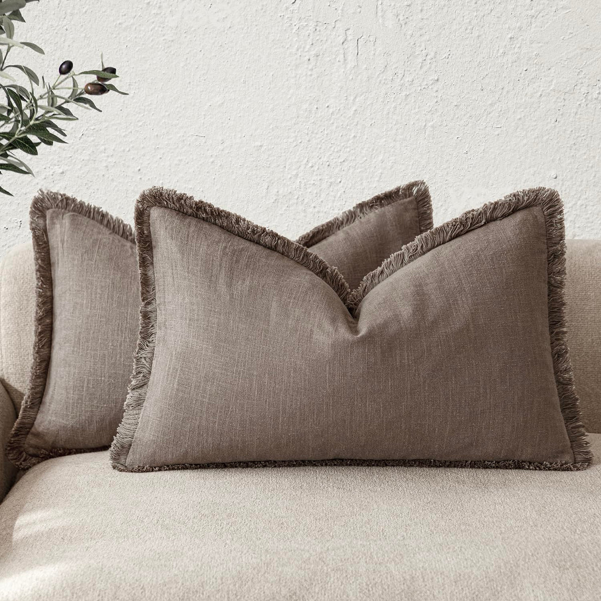 Foindtower Decorative Linen Fringe Throw Pillow Covers 20×20 Olive Green