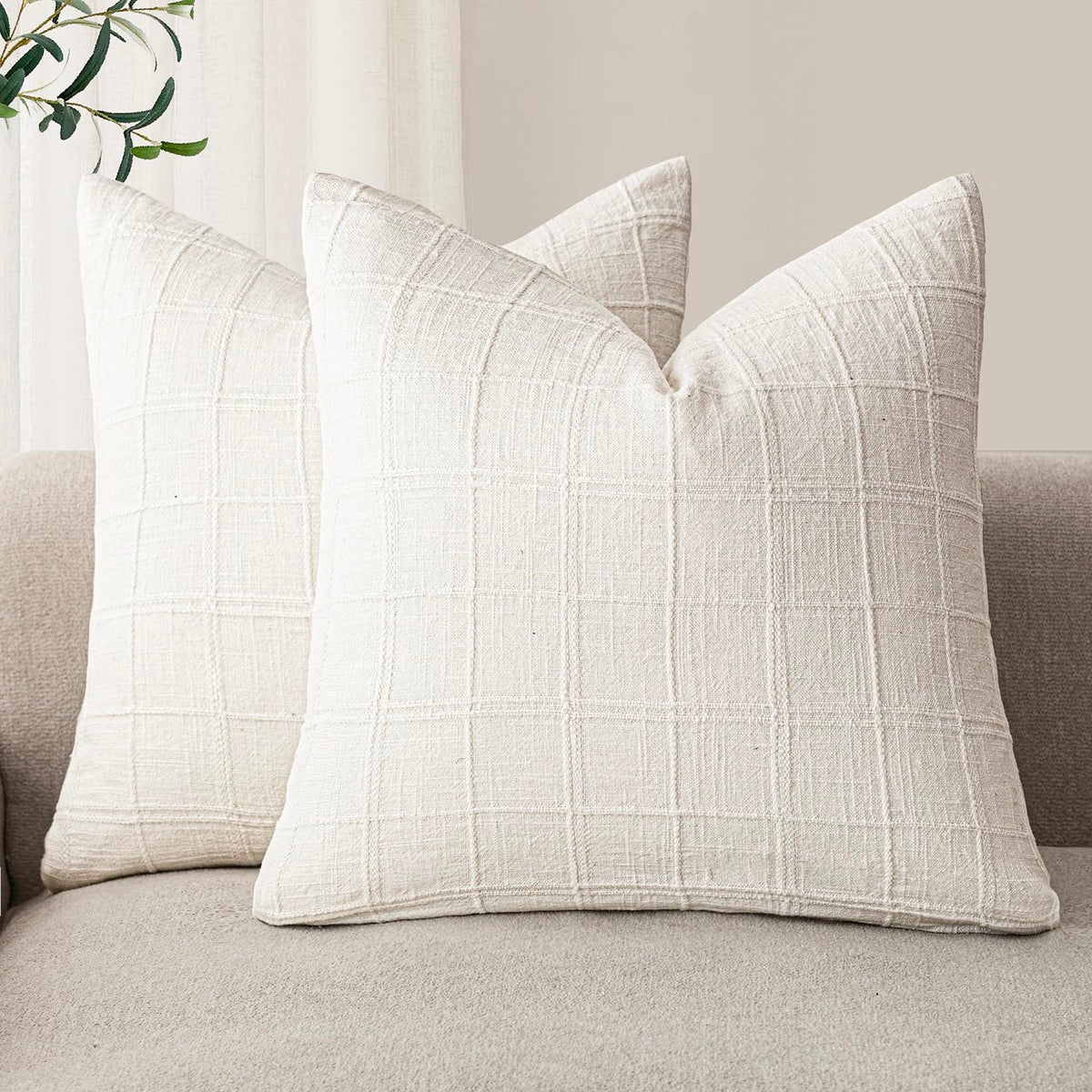 Foindtower Boho Linen Check Decorative Throw Pillow Cover 18×18 Olive Green