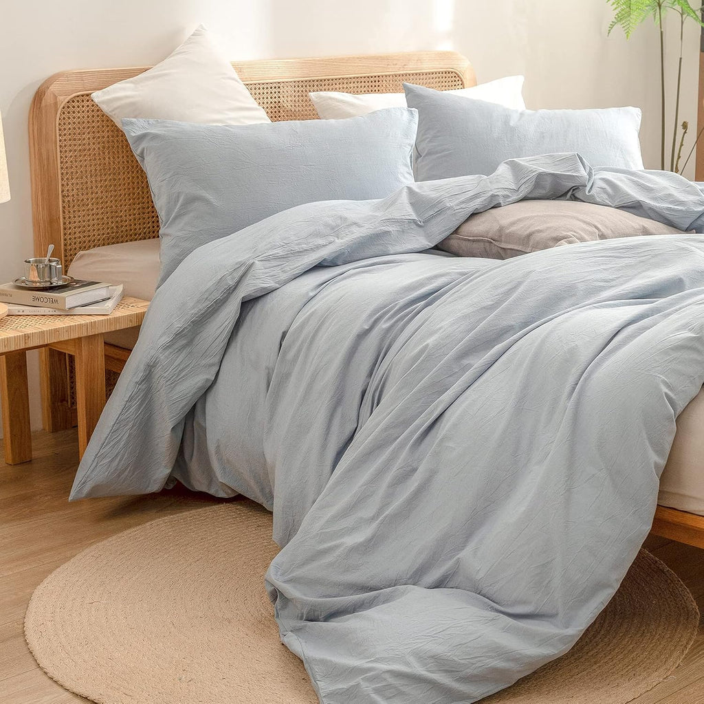 BESTOUCH Cotton Solid Duvet Cover Set Linen Feel Cornflower Blue King