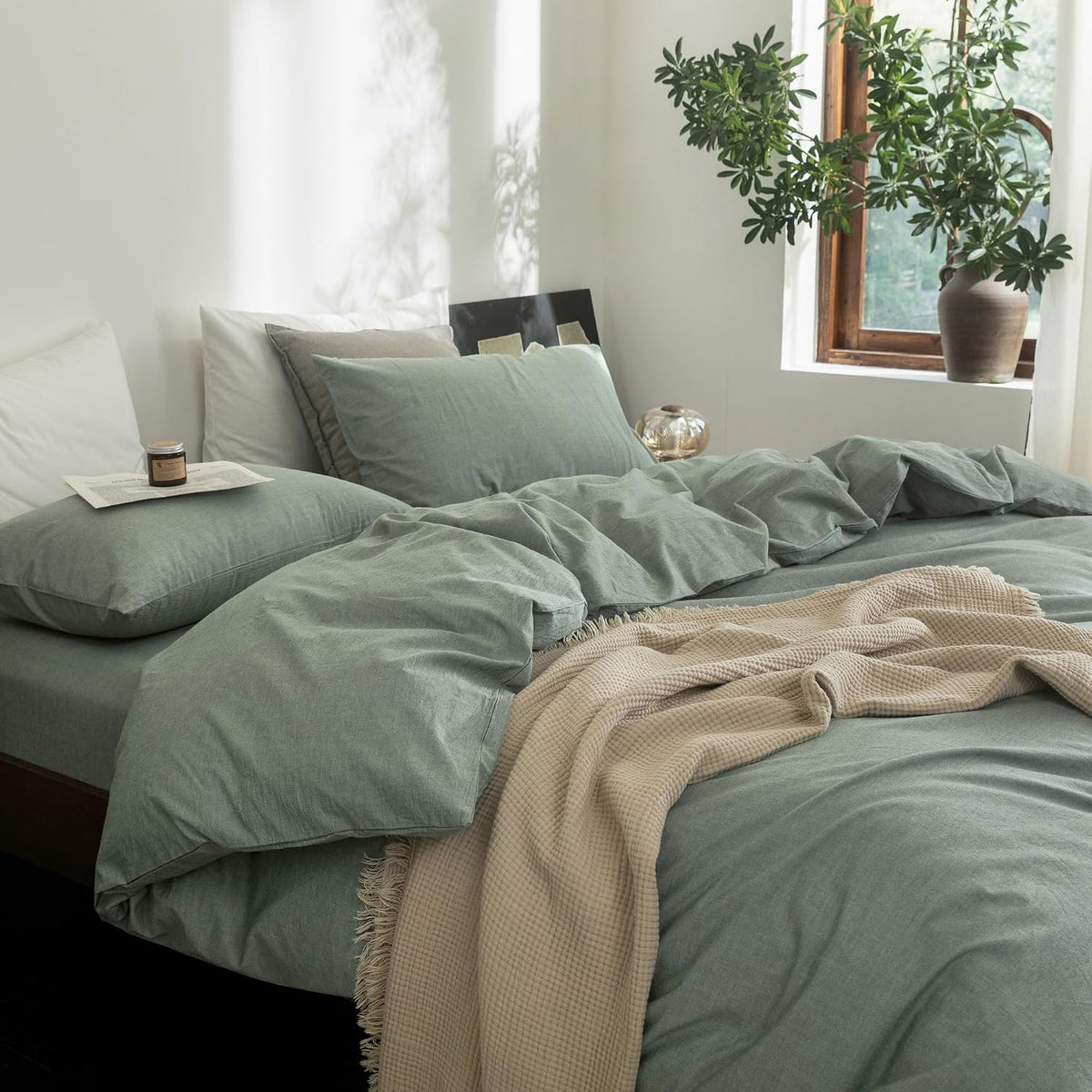 FOSSA Duvet Cover Set 100% Washed Cotton Linen Feel Queen