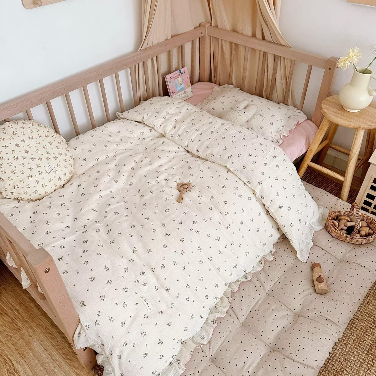 BuLuTu 100% Cotton Muslin Duvet Cover Twin for Kids Girls Boys, Shabby Chic Azalea Floral Duvet Covers Vintage Farmhouse Comforter/Quilt Cover with Ruffles, 68"x86", Zipper Closure, No Pillow