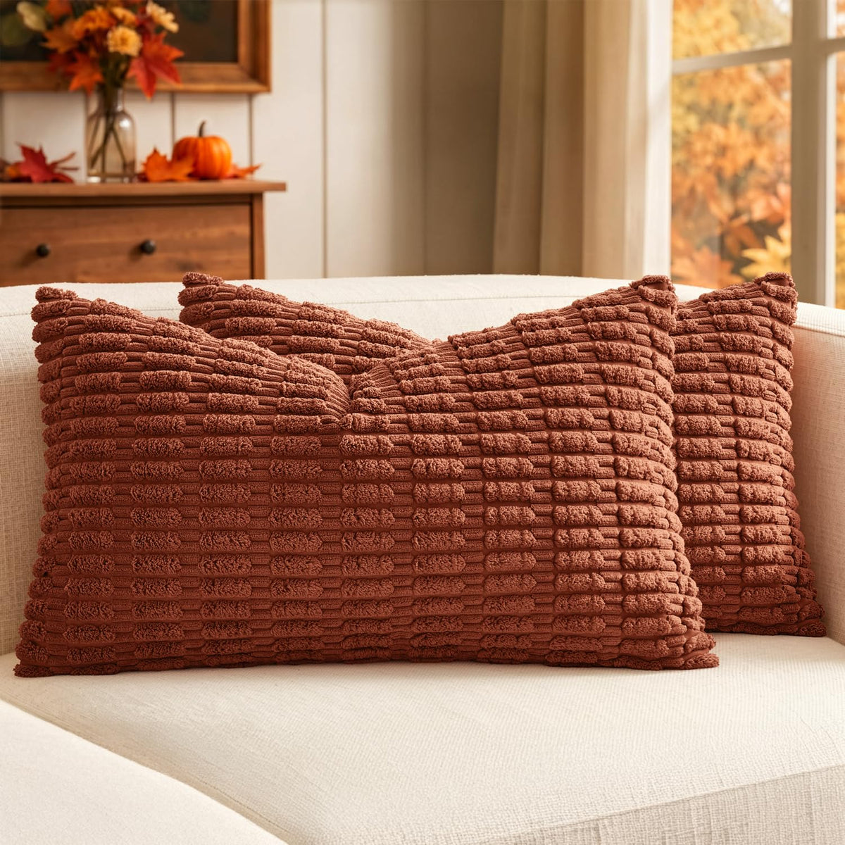 MIULEE Corduroy Decorative Throw Pillow Covers 20x20 Cream White Pack of 2