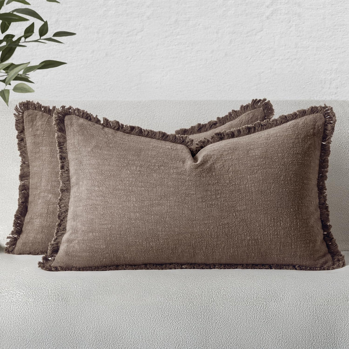 MIULEE Boho Linen Fringe Decorative Throw Pillow Covers Olive Green 20x20