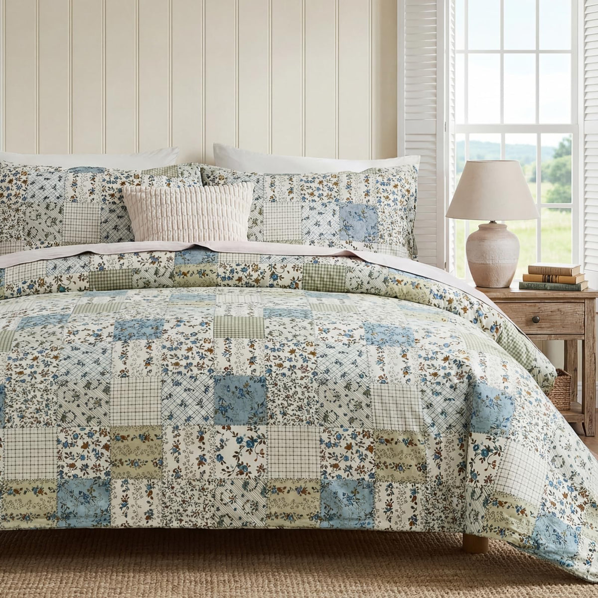 Duvet Cover Queen Size - 100% Cotton Reversible Floral Queen Duvet Cover Set with Zipper Closure, 3 Pieces Soft & Breathable Green Bedding Set for All Seasons