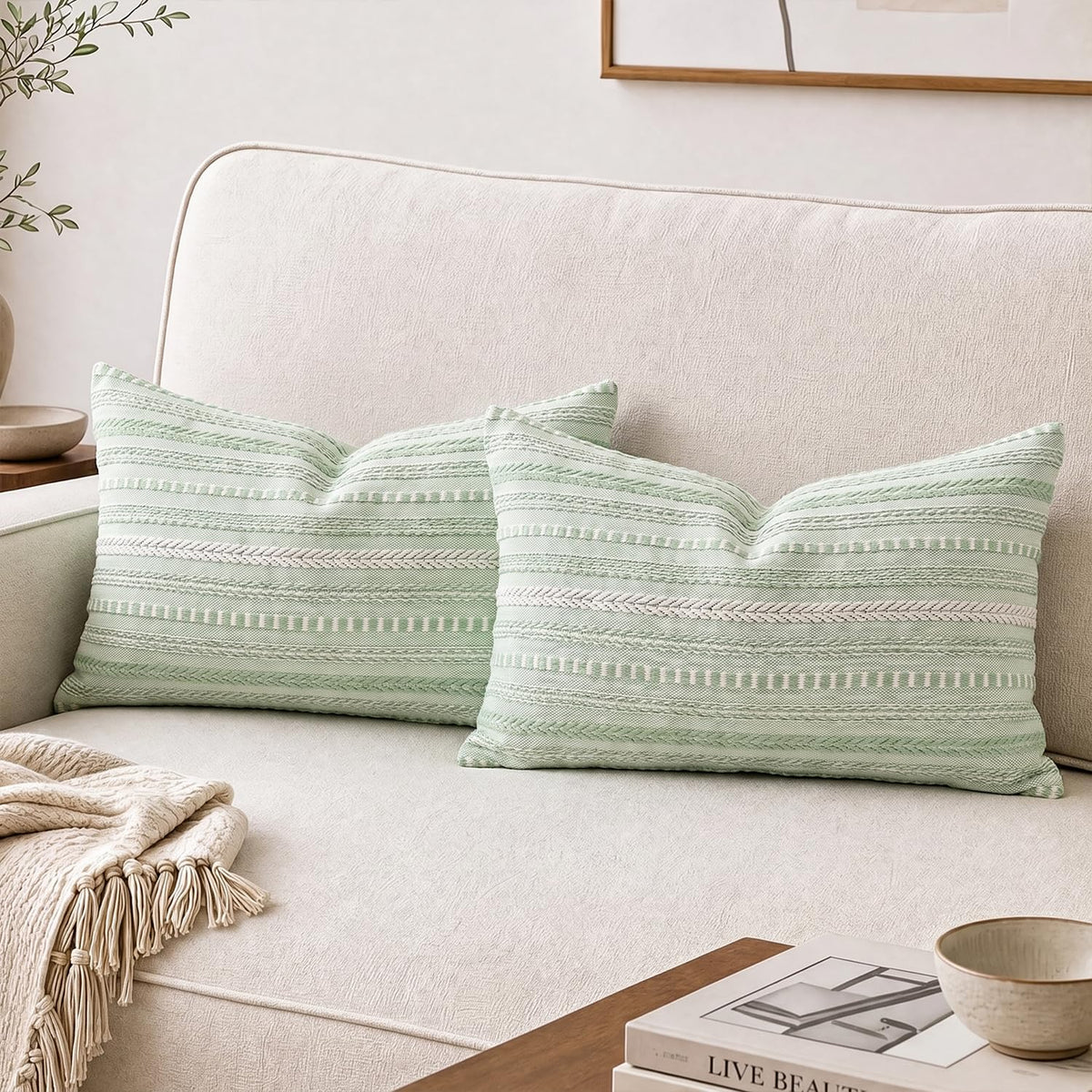 AVOIN colorlife Pink Boho Decorative Throw Pillow Covers Set of 2, 18 x 18 Inch Woven Stripe Textured Rustic Cushion Case Home Decor for Living Room Couch Sofa