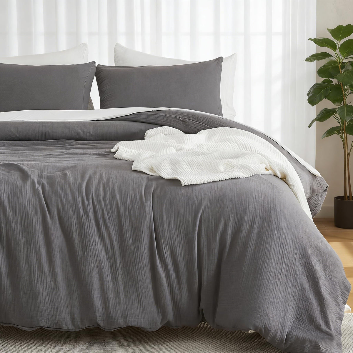 EMME Muslin Cotton Duvet Cover Set Linen Like Cream White Queen