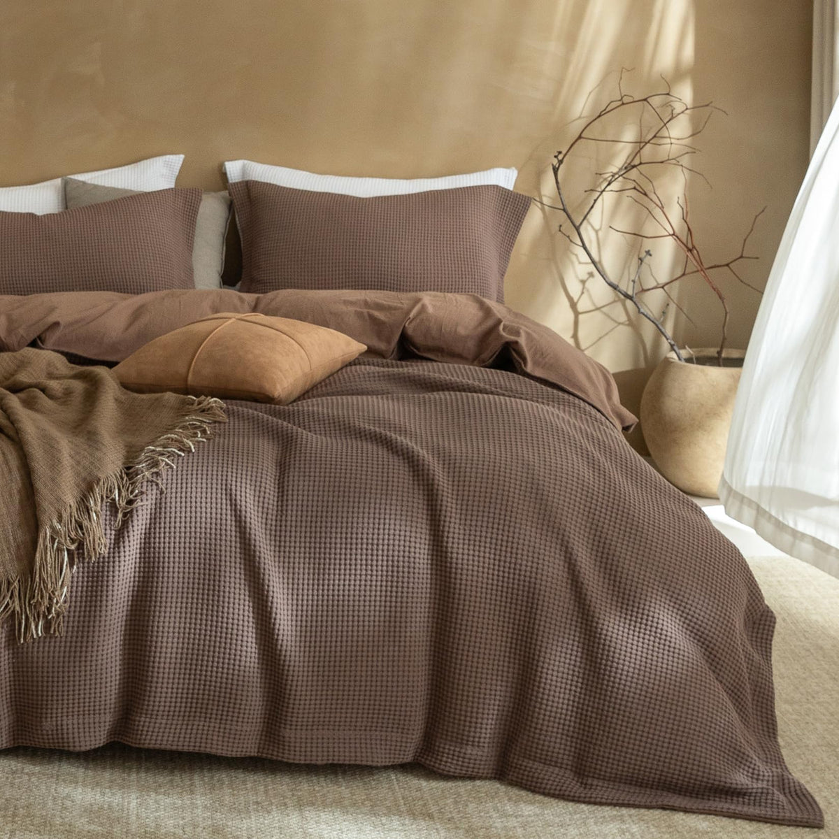 3Pcs Brown Waffle Cotton Duvet Cover Set King 104 x 90
