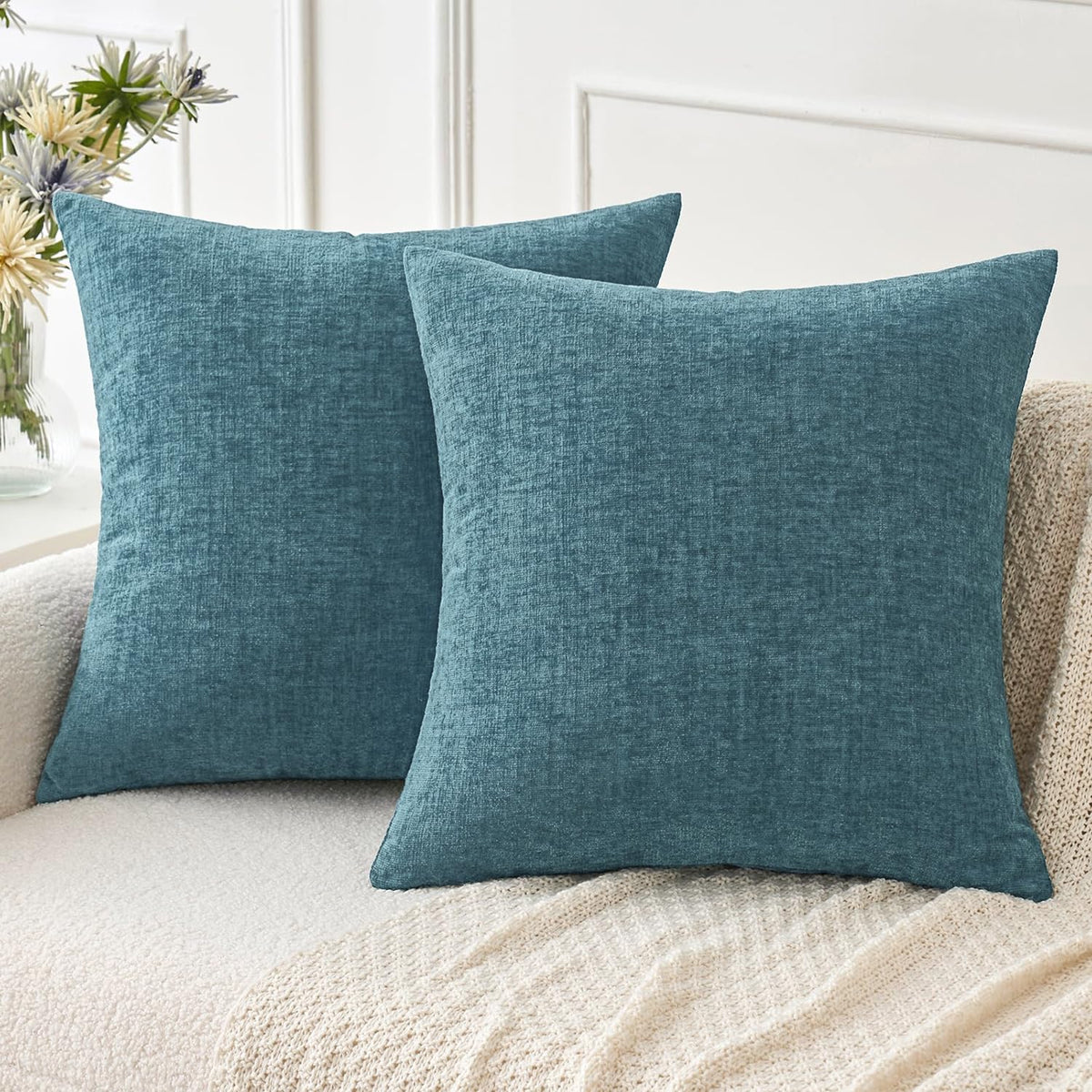 MIULEE Soft Chenille Throw Pillow Covers Teal 18x18 Inch Pack of 2