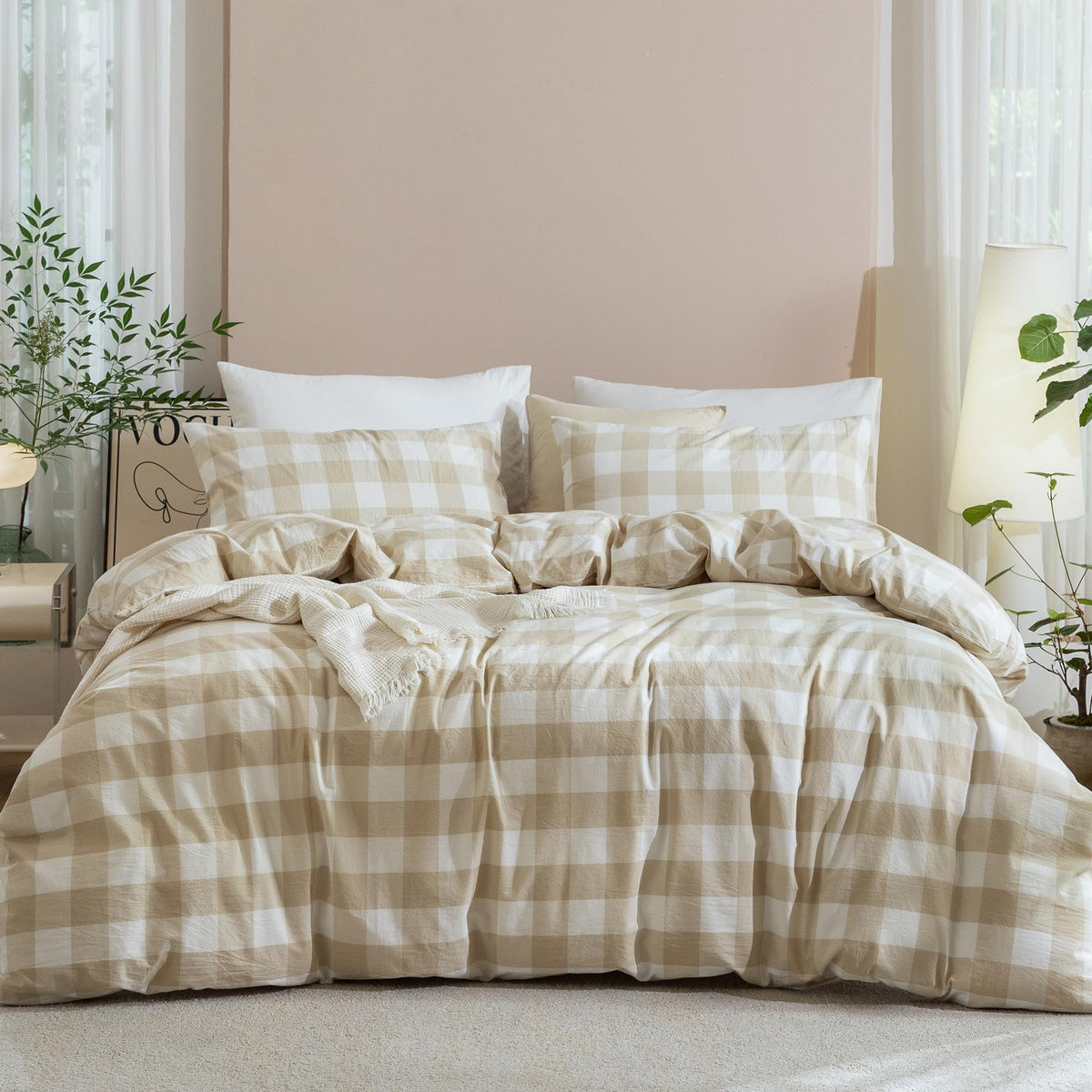 JIYUAN Queen Washed Cotton Duvet Cover Set, 3-Piece, Relaxed Linen Feel
