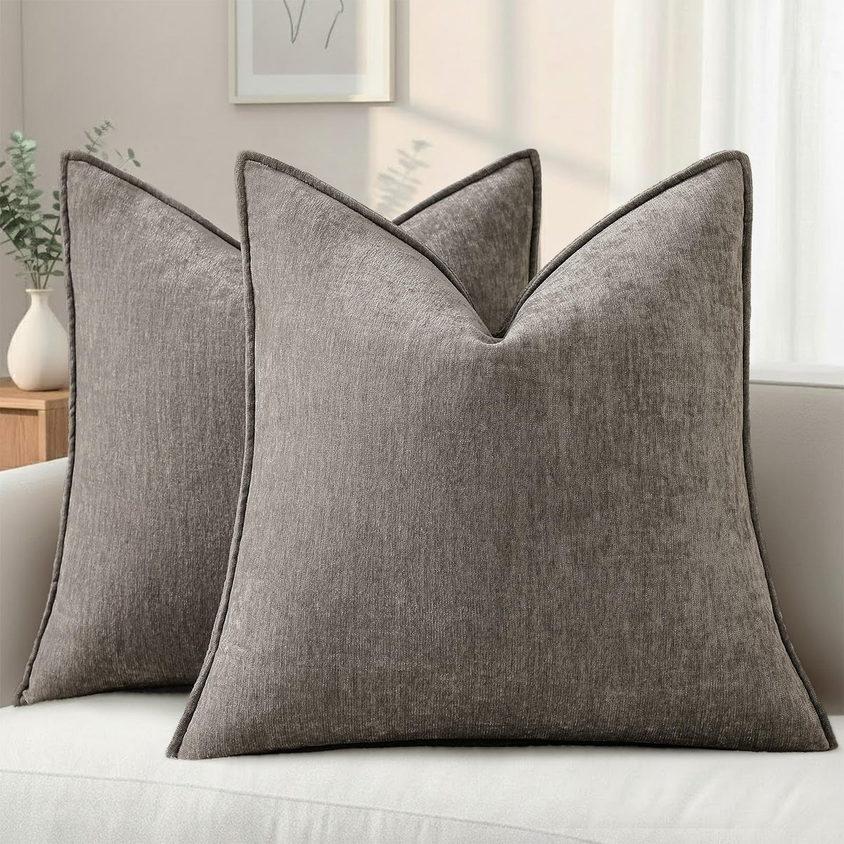 decorUhome Chenille Beige Velvet Throw Pillow Covers 20x20 Set of 2