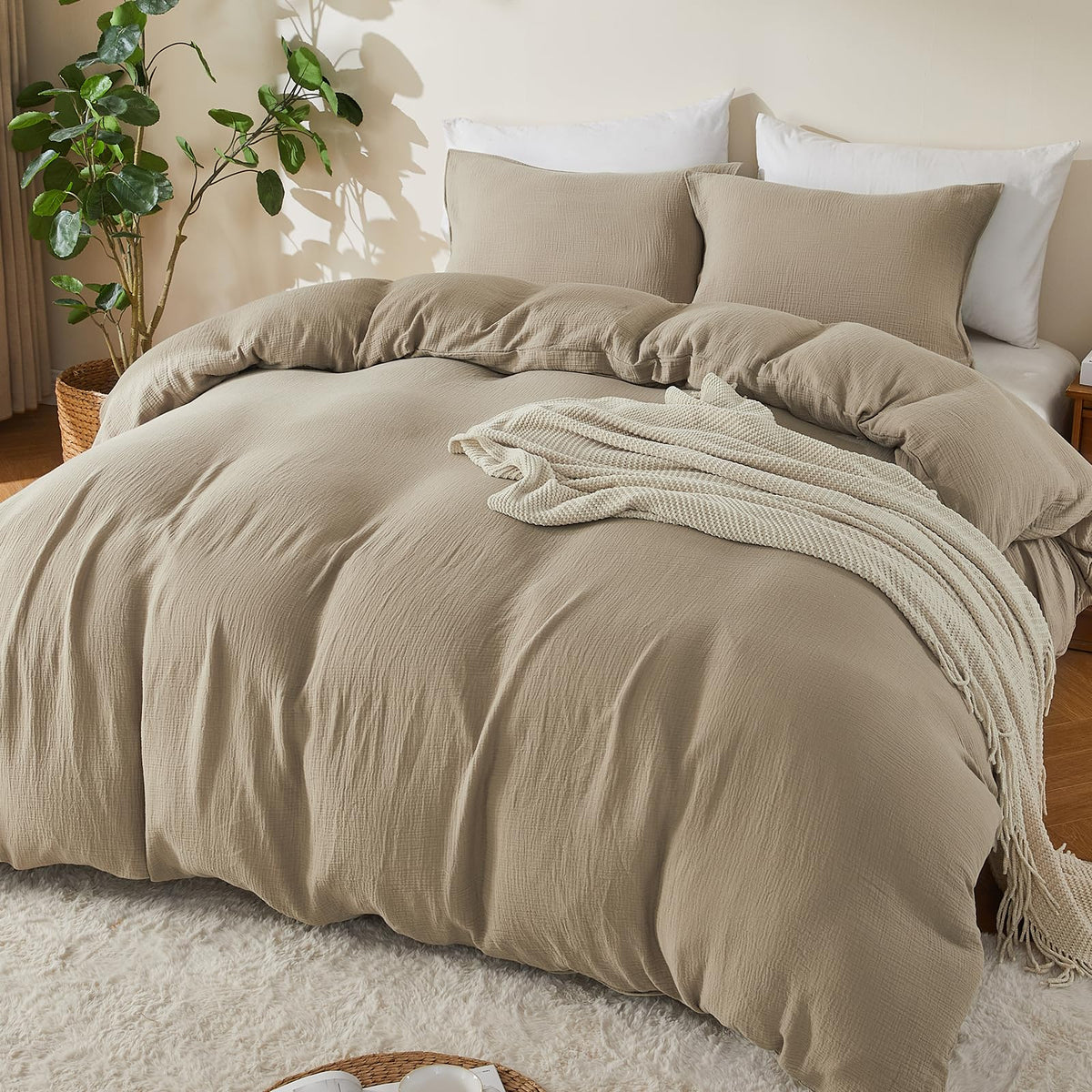 EMME Muslin Cotton Duvet Cover Set Linen Like Cream White Queen