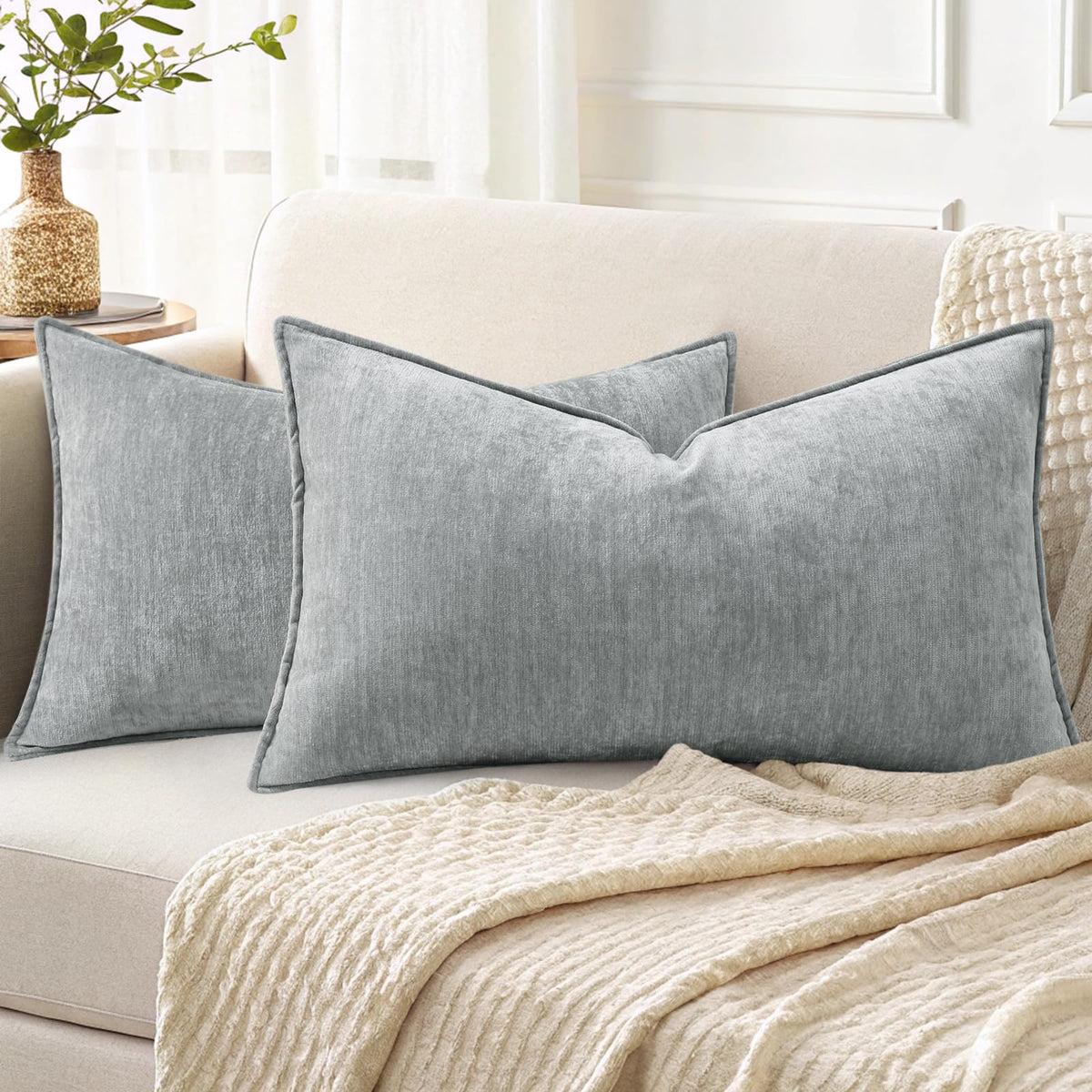 decorUhome Chenille Beige Velvet Throw Pillow Covers 20x20 Set of 2