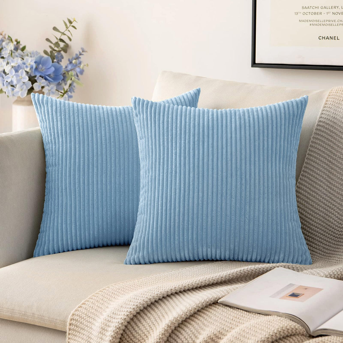 MIULEE Decorative Corduroy Throw Pillow Covers Set of 2 18x18 Dusty Blue
