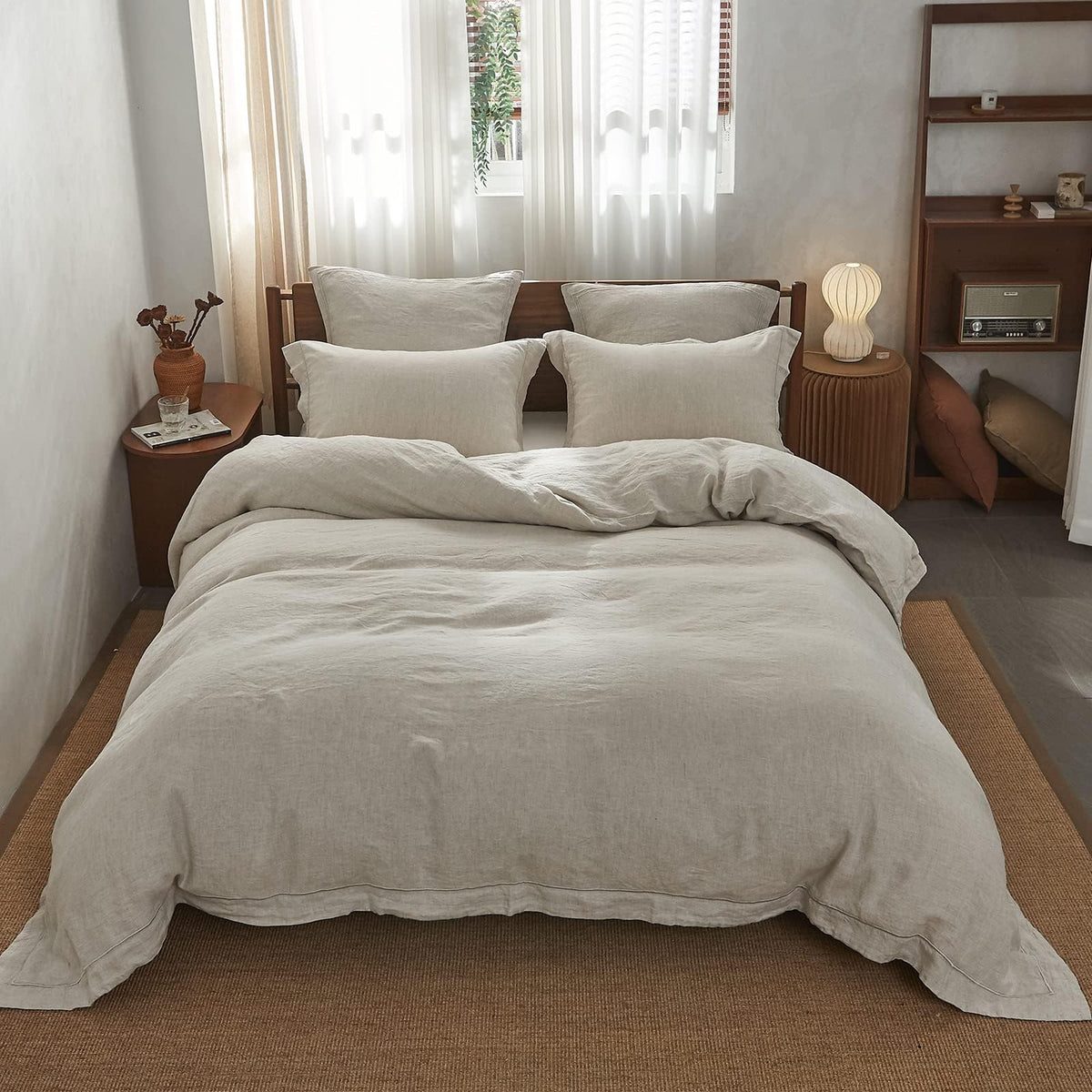 Simple&Opulence 100% French Linen Duvet Cover Set with Embroidered,3 Pcs Washed Soft Farmhouse Bedding Set with Button Closure,1 Comforter Cover and 2 Pillowshams(King,Natural Linen)