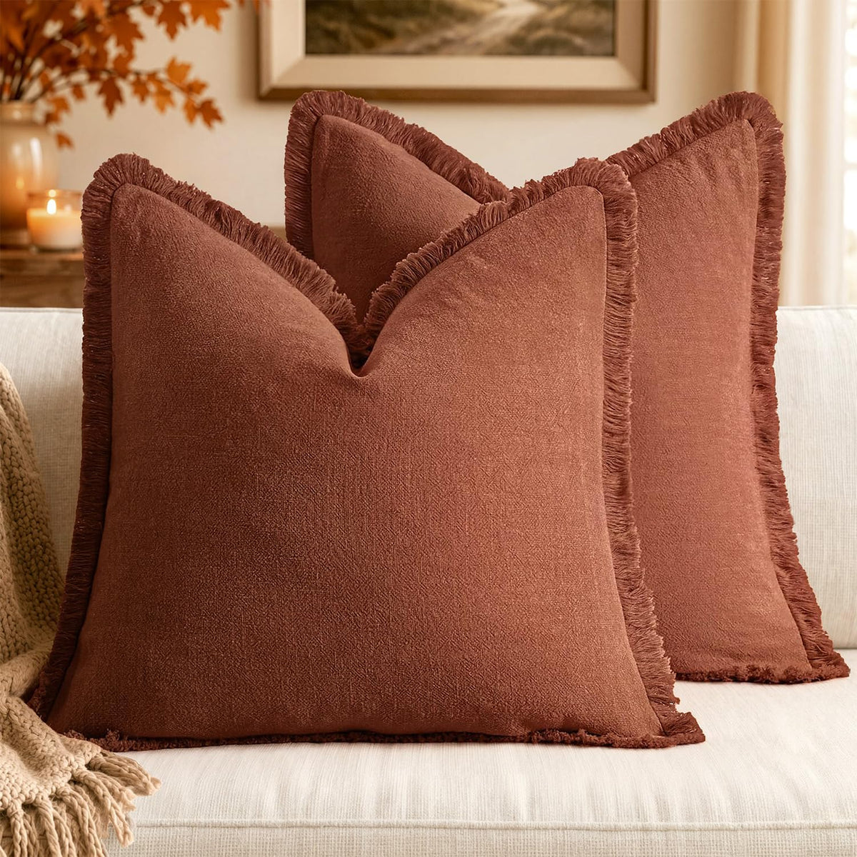 MIULEE Boho Linen Fringe Decorative Throw Pillow Covers Olive Green 20x20