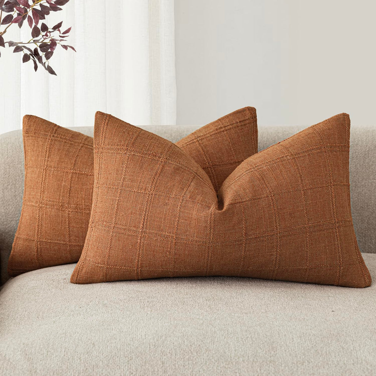 Foindtower Boho Linen Check Decorative Throw Pillow Cover 18×18 Olive Green
