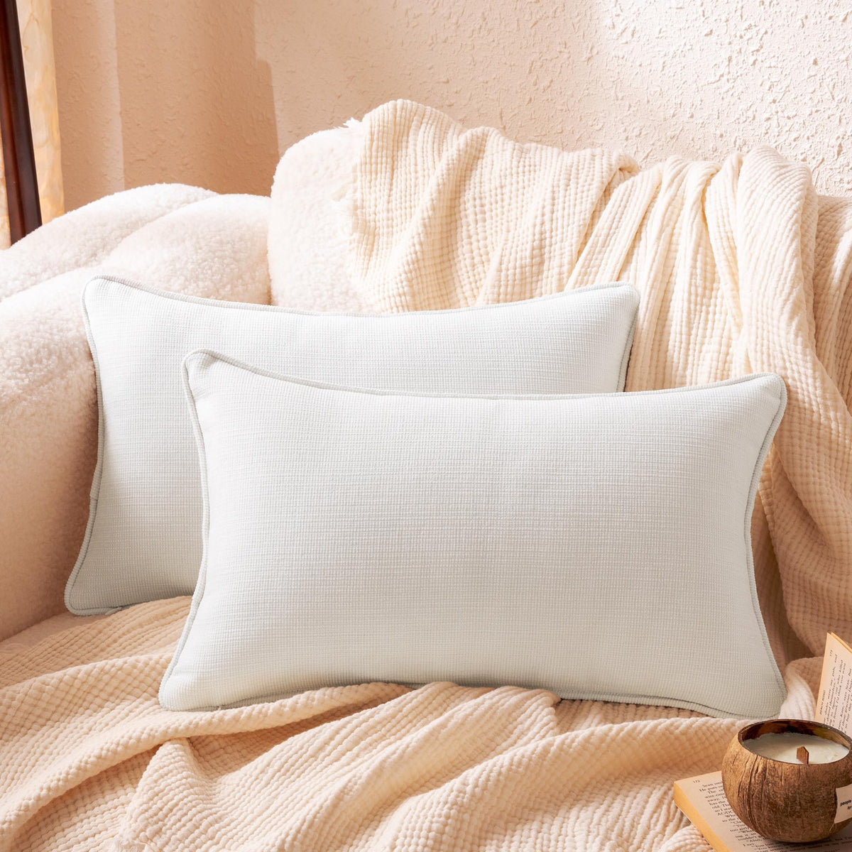Amazon Basics Faux Linen Throw Pillow Covers with Hidden Zipper Closure, 18 × 18in, White, Pack of 2