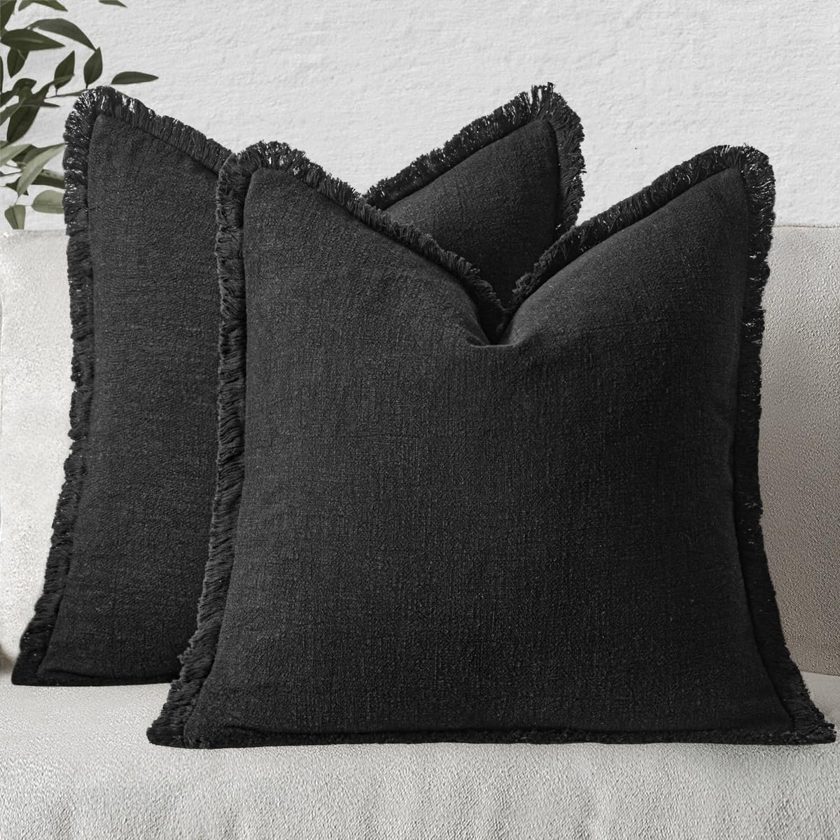 MIULEE Boho Linen Fringe Decorative Throw Pillow Covers Olive Green 20x20