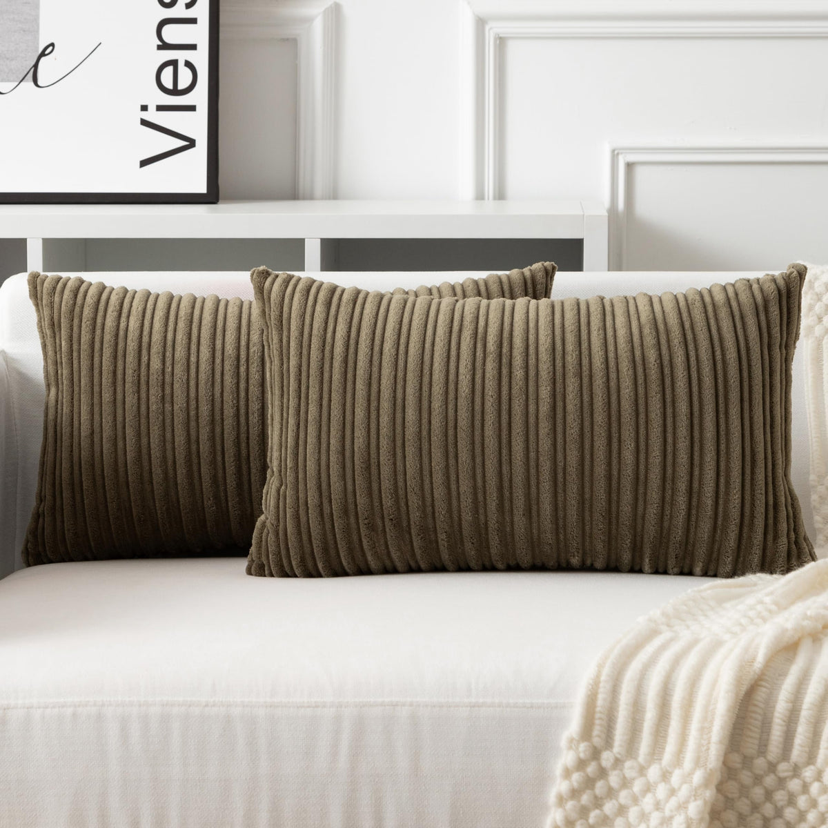 UGASA Velvet 12x20 Inch Lumbar Soft Throw Pillow Cover Boho Farmhouse Decorative Corduroy Striped Both Sides Solid Rectangular Cushion Case for Couch Bedroom Sofa Home, 1 Piece, Beige