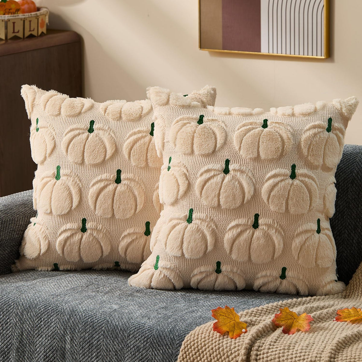 DFXSZ Fall Pillow Covers 18x18 2Pcs Beige Pumpkin Fall Decorations for Home