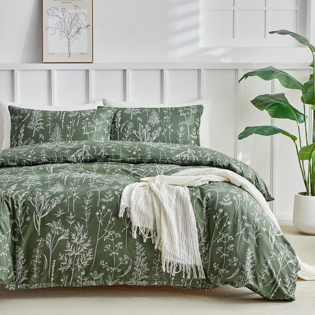 Lekesky Floral Duvet Cover Queen Size 3-Piece, Sage Green