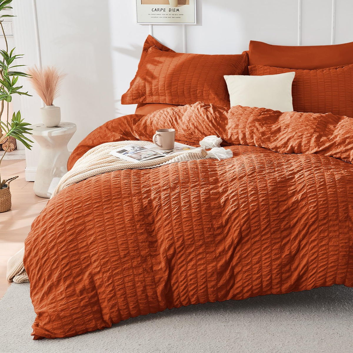 HYMOKEGE Beige Duvet Cover Queen Size, Ultra Soft 3-Piece Seersucker Duvet Cover Set with Zipper Closure, Soft Brushed Microfiber Bedding Set with 8 Corner Ties (90"x90", 2 Pillowshams)
