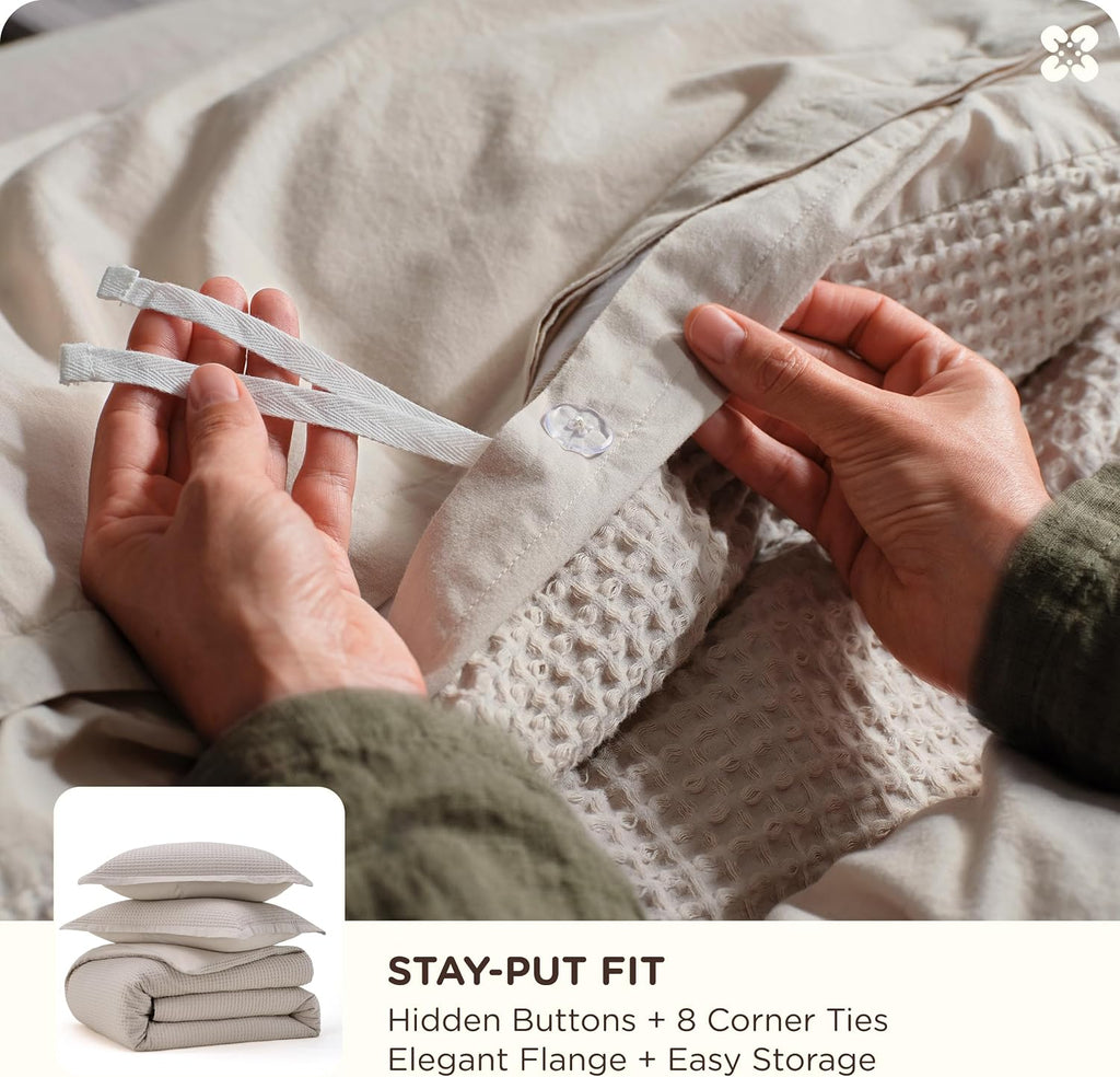 Bedsure PureWoven 3 Pieces 100% Cotton Waffle Duvet Cover Set, King, Linen