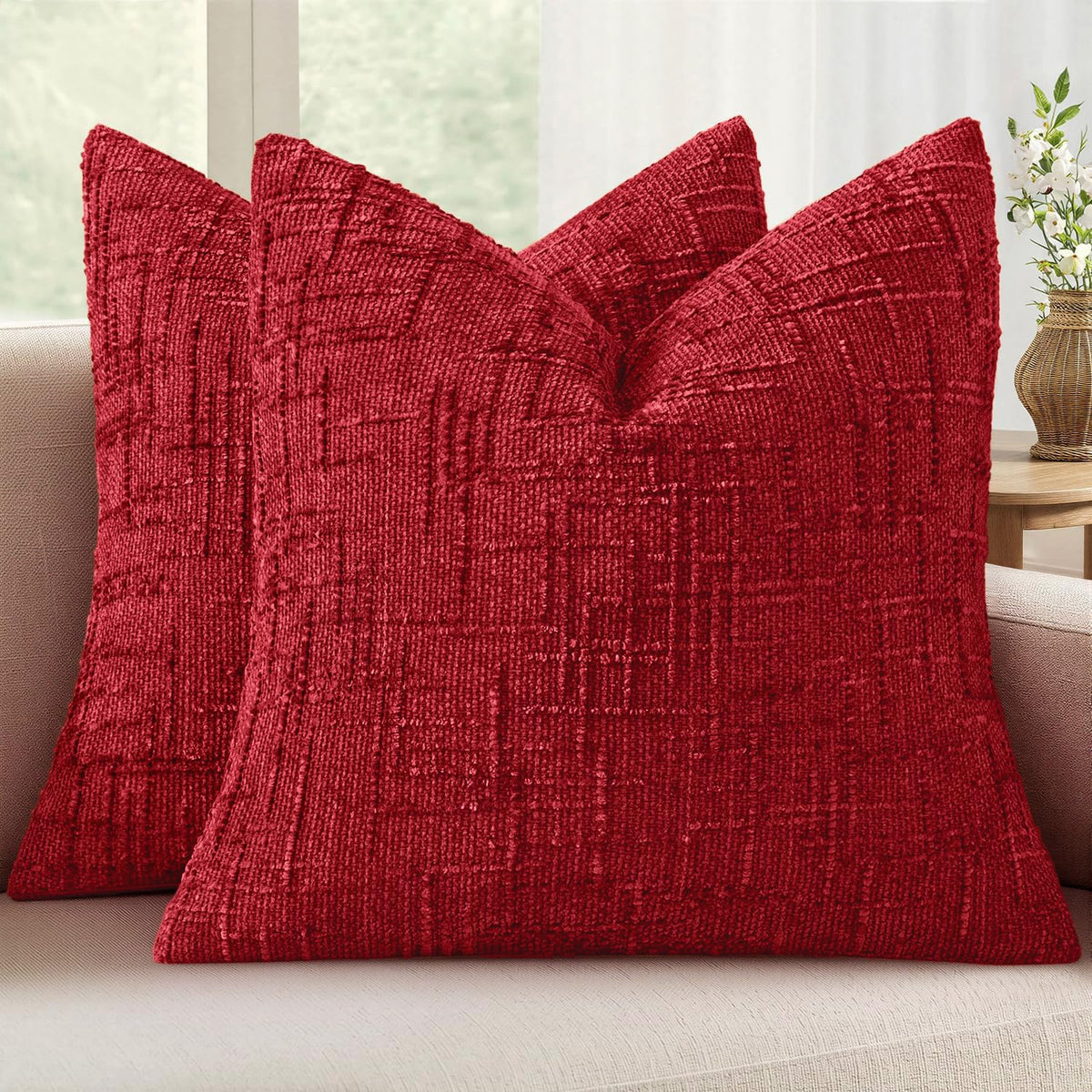 MIULEE Chenille Textured Throw Pillow Covers Cream White 20x20 Set of 2