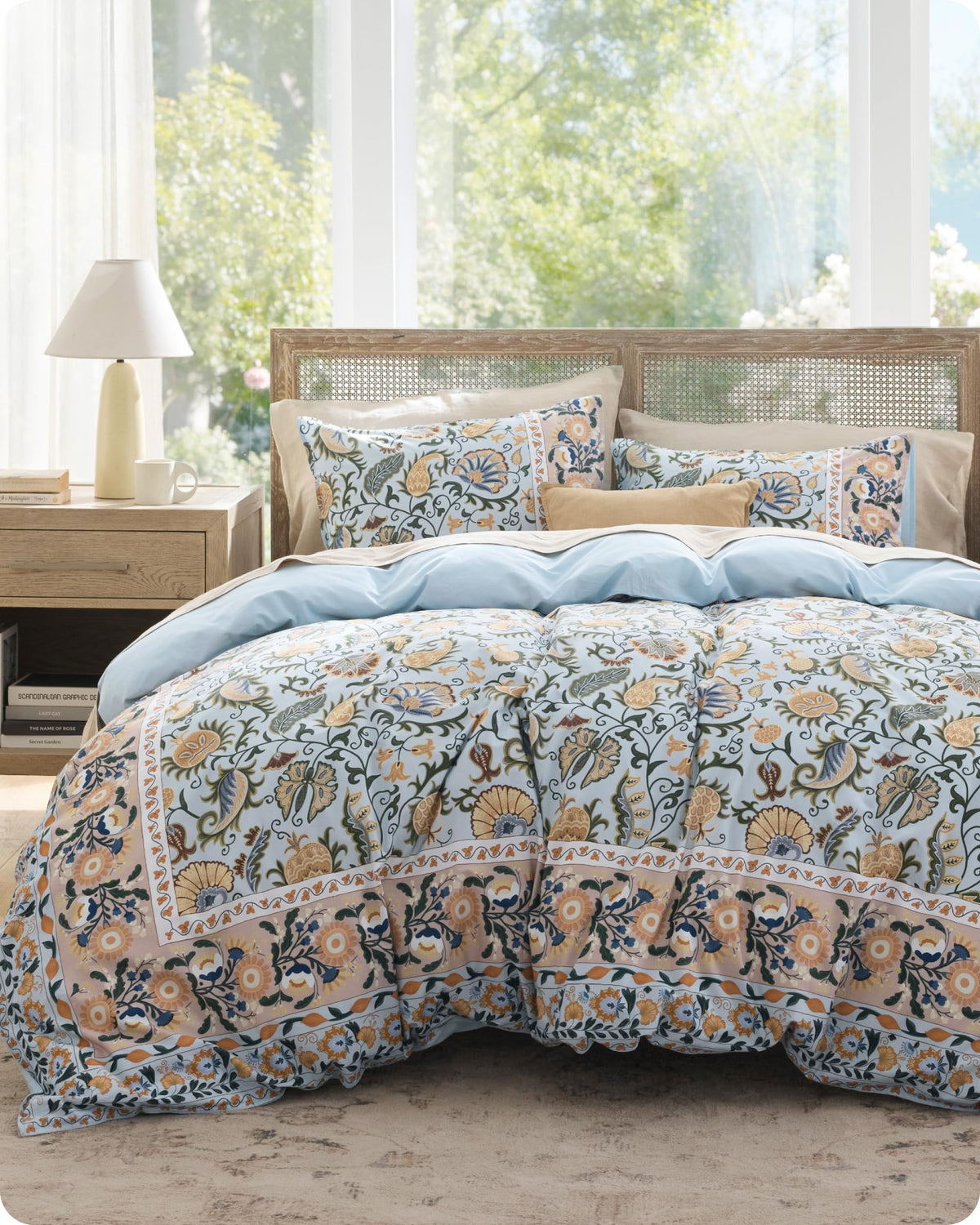 Bedsure PureWoven 100% Cotton Floral Duvet Cover Set, Queen, Green Garden