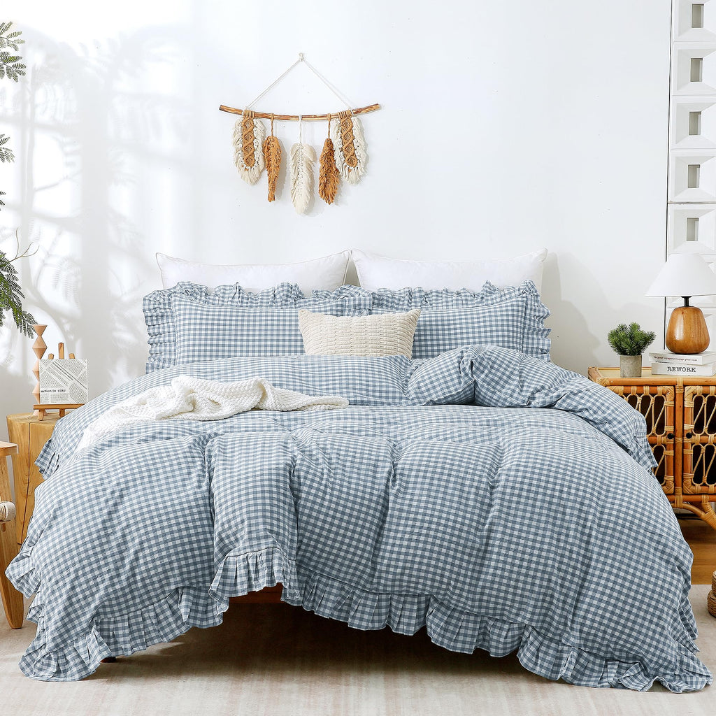 ATsense Tan Gingham Ruffle Duvet Cover Bedding Set Cotton Like Linen, Queen