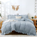 ATsense Tan Gingham Ruffle Duvet Cover Bedding Set Cotton Like Linen, Queen