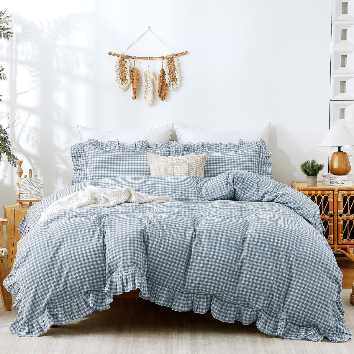 ATsense Tan Gingham Ruffle Duvet Cover Bedding Set Cotton Like Linen, Queen