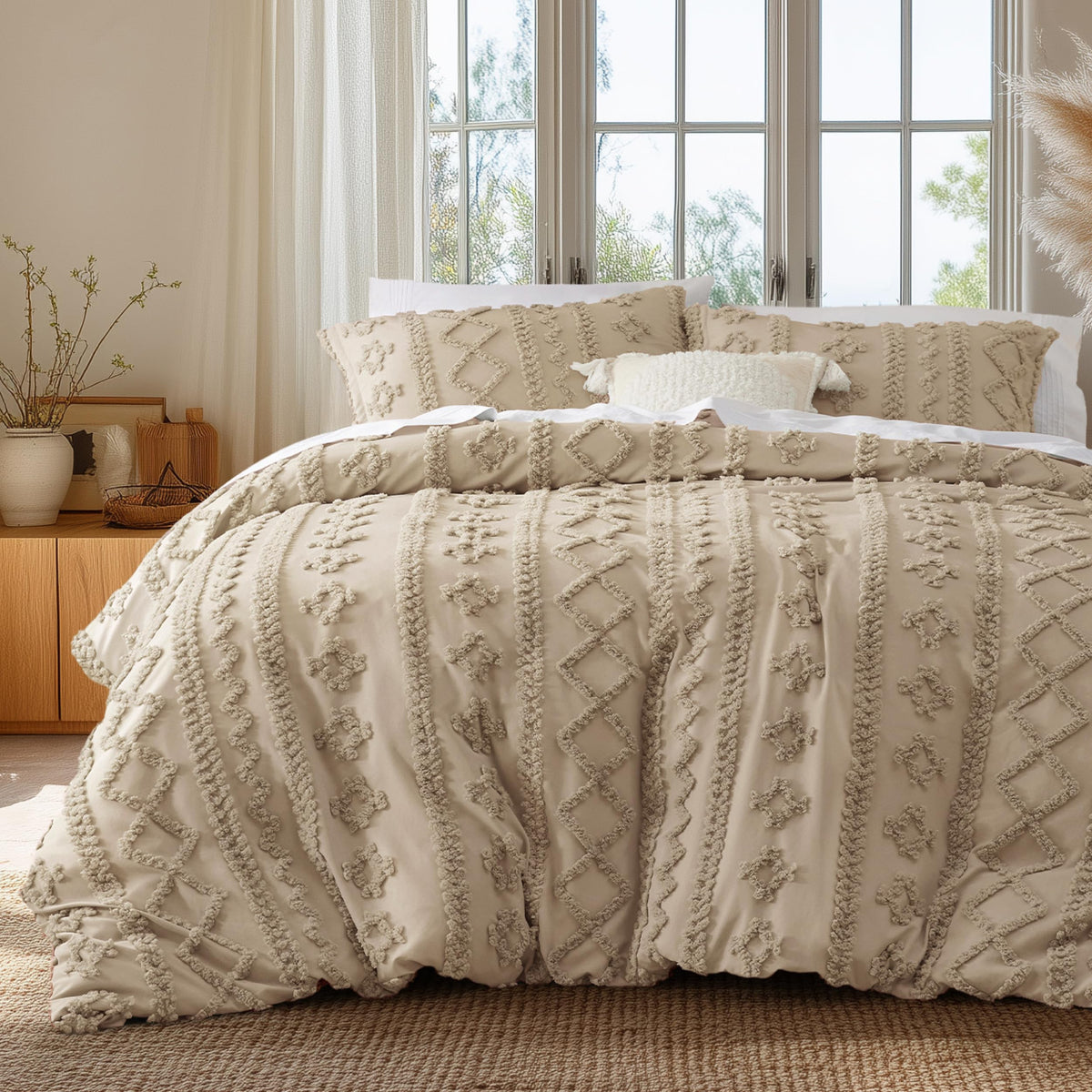 Bedsure White Boho Duvet Cover Queen, Soft Vintage Embroidery