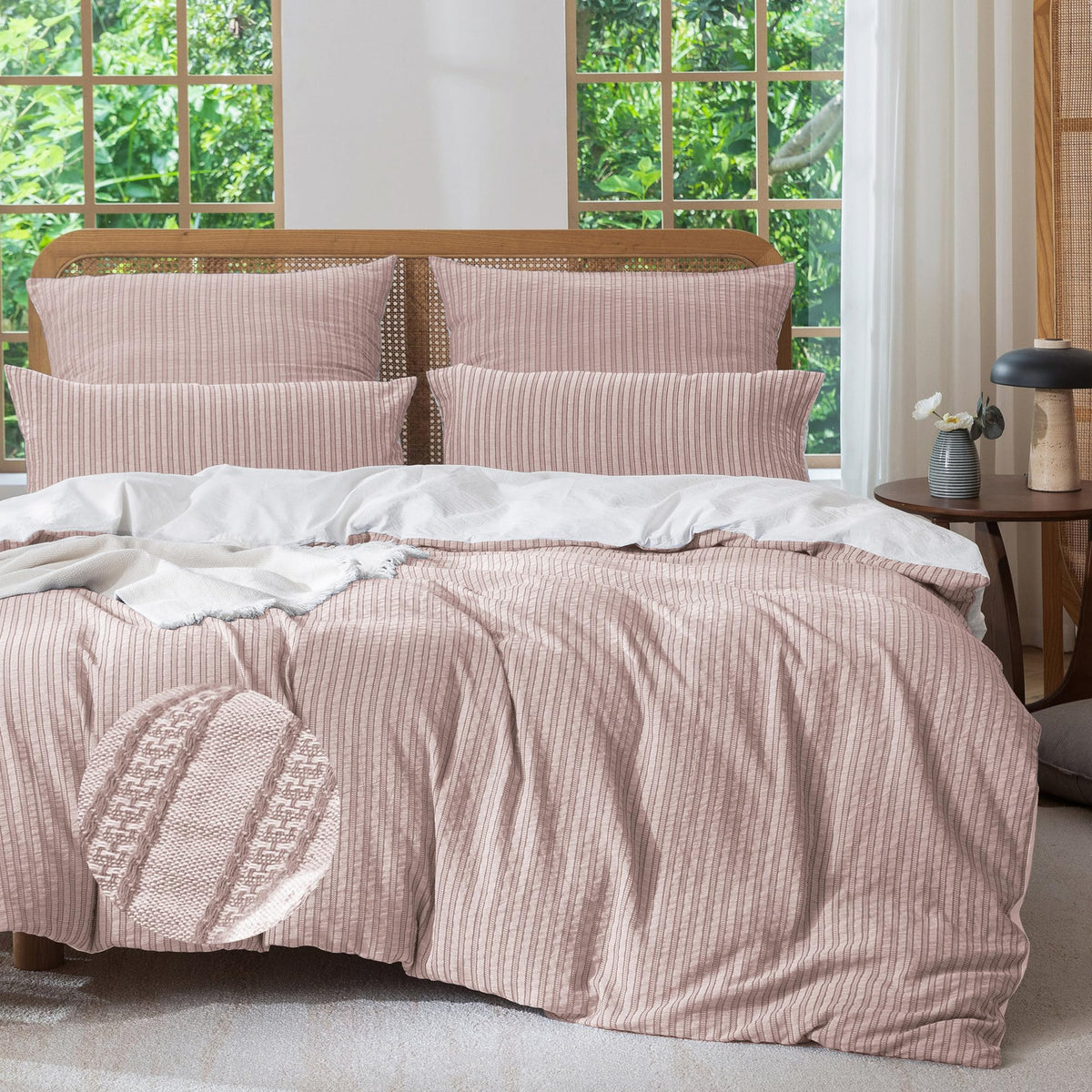 MILDLY Jacquard Striped Duvet Cover Set 3pcs Dual Zipper Blue Queen