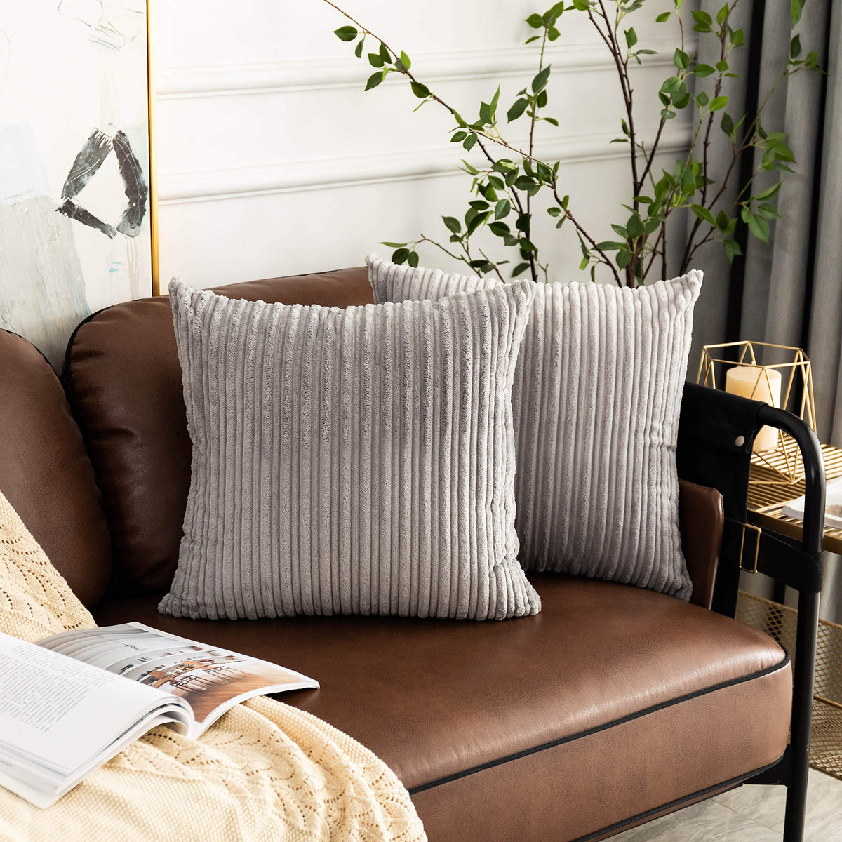 UGASA Velvet 12x20 Inch Lumbar Soft Throw Pillow Cover Boho Farmhouse Decorative Corduroy Striped Both Sides Solid Rectangular Cushion Case for Couch Bedroom Sofa Home, 1 Piece, Beige