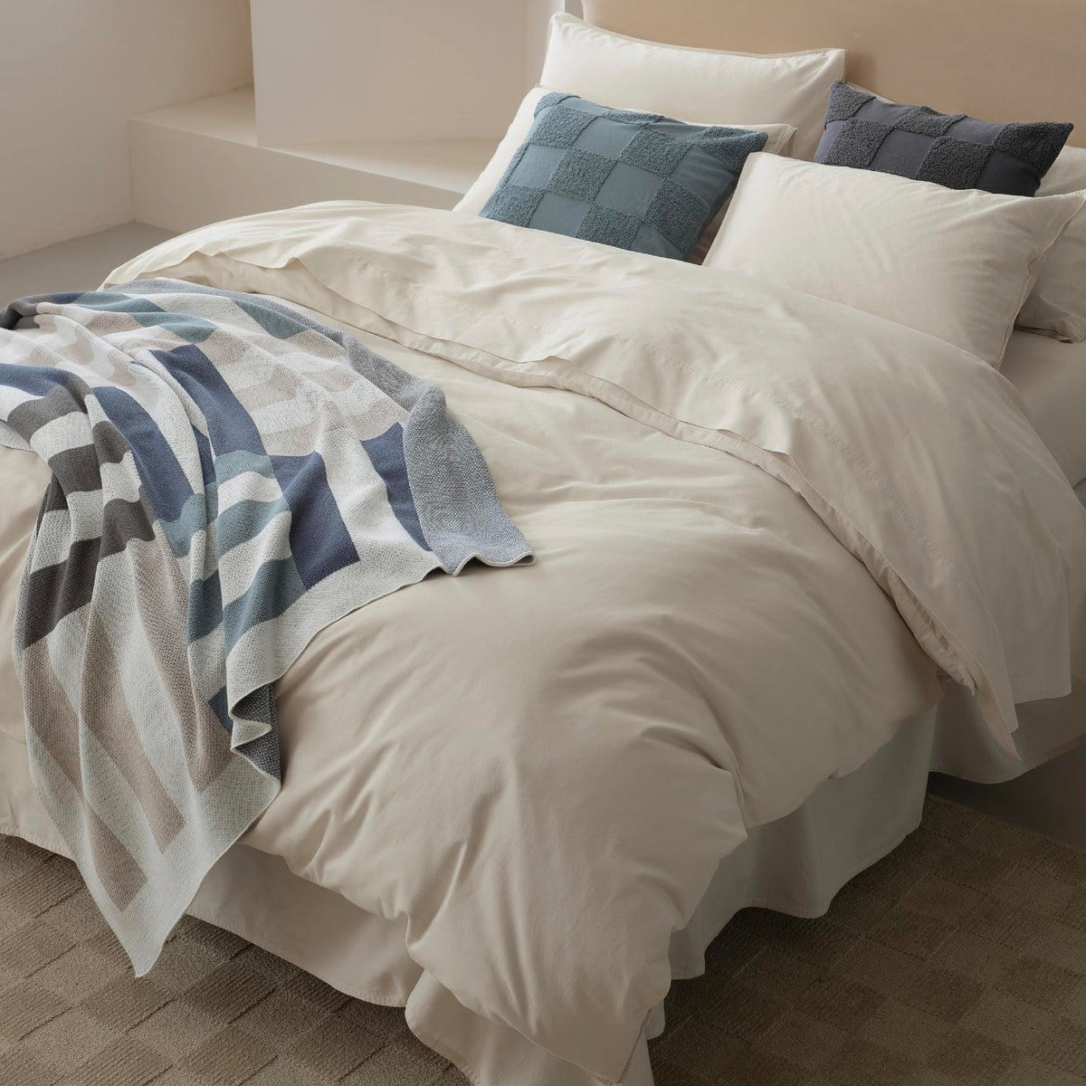 Double Stitch GOTS Organic Cotton King Duvet Cover, Washed 300TC, Off White