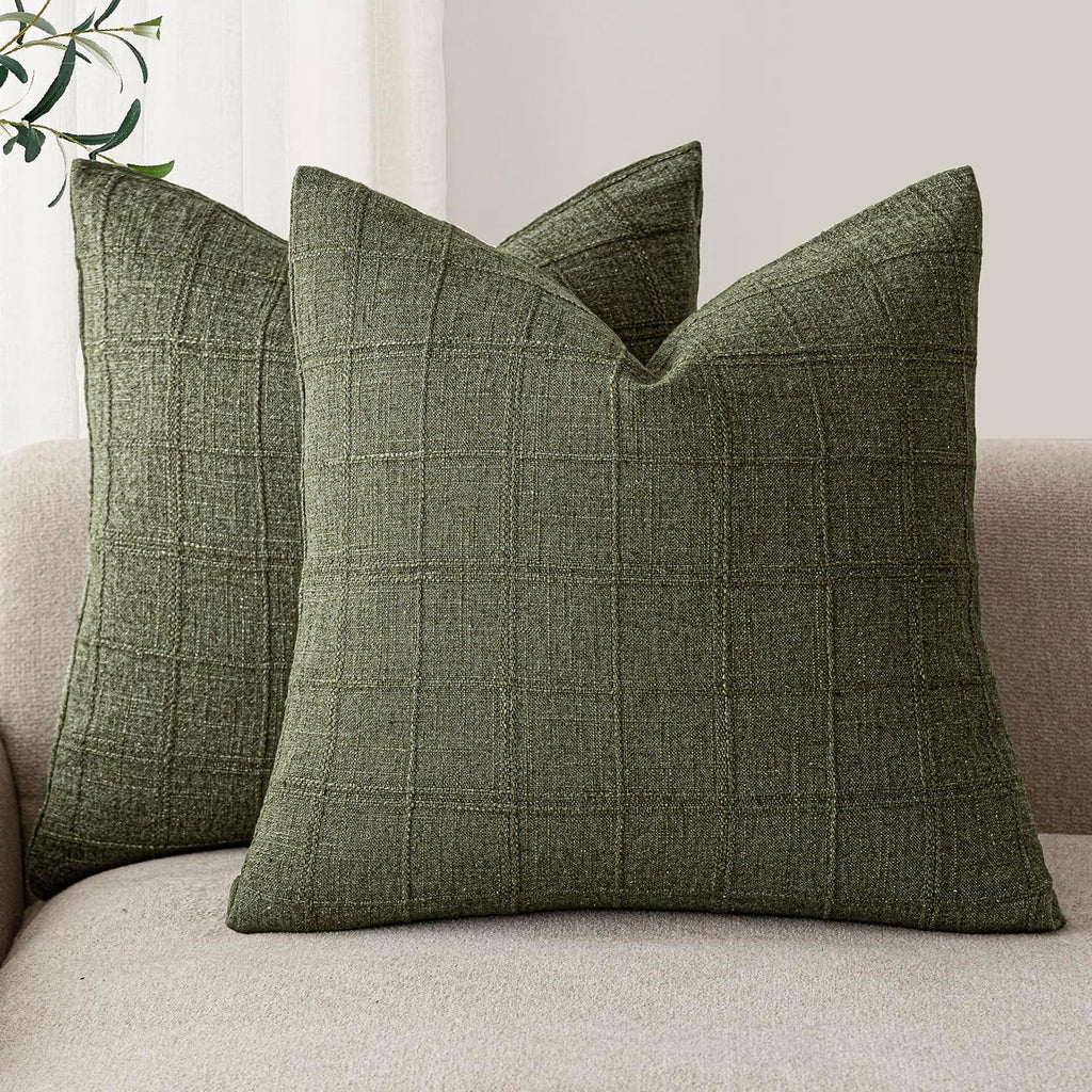 Foindtower Boho Linen Check Decorative Throw Pillow Cover 18×18 Olive Green