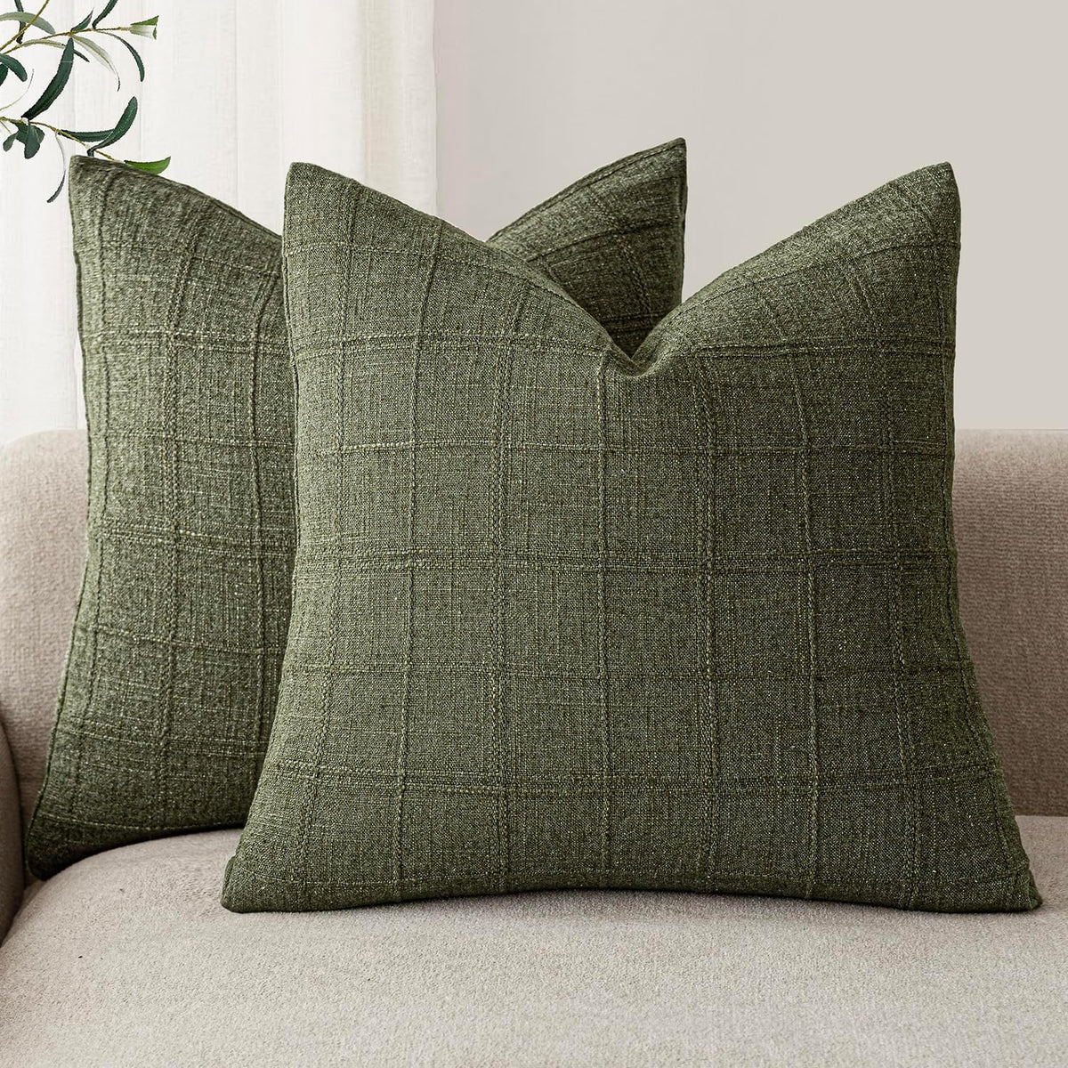 Foindtower Boho Linen Check Decorative Throw Pillow Cover 18×18 Olive Green