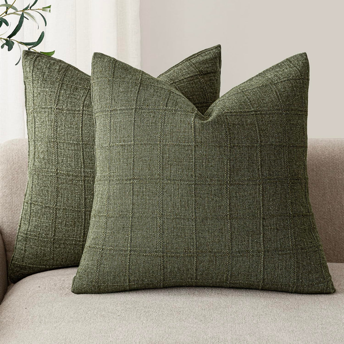 Foindtower Boho Linen Check Decorative Throw Pillow Cover 18×18 Olive Green