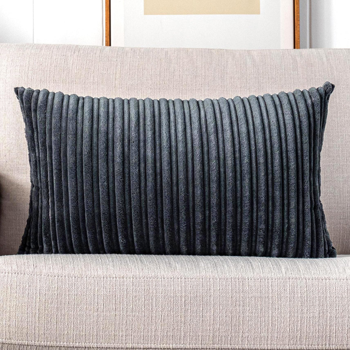 UGASA Velvet 12x20 Inch Lumbar Soft Throw Pillow Cover Boho Farmhouse Decorative Corduroy Striped Both Sides Solid Rectangular Cushion Case for Couch Bedroom Sofa Home, 1 Piece, Beige